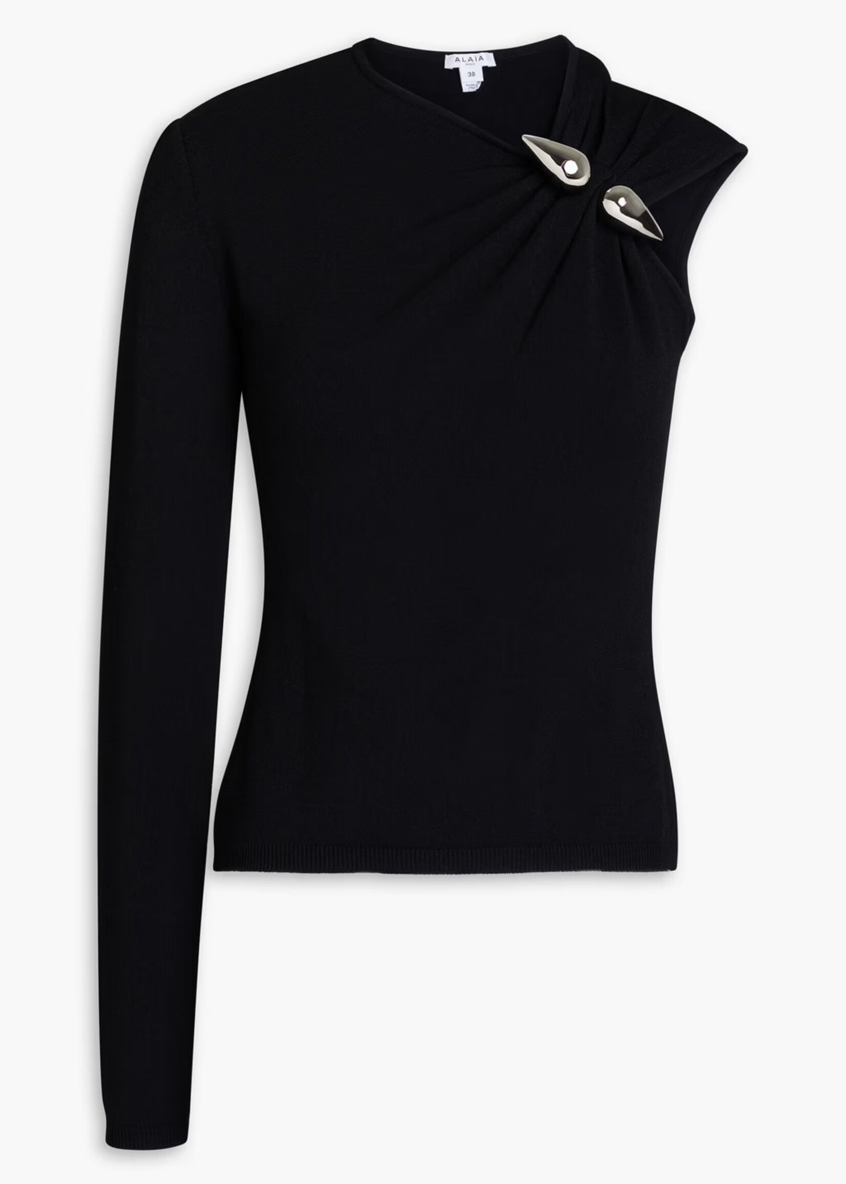 Alaia Alaia Top, Black, Asymmetric One Long Sleeve Silver Jewel Draped Top