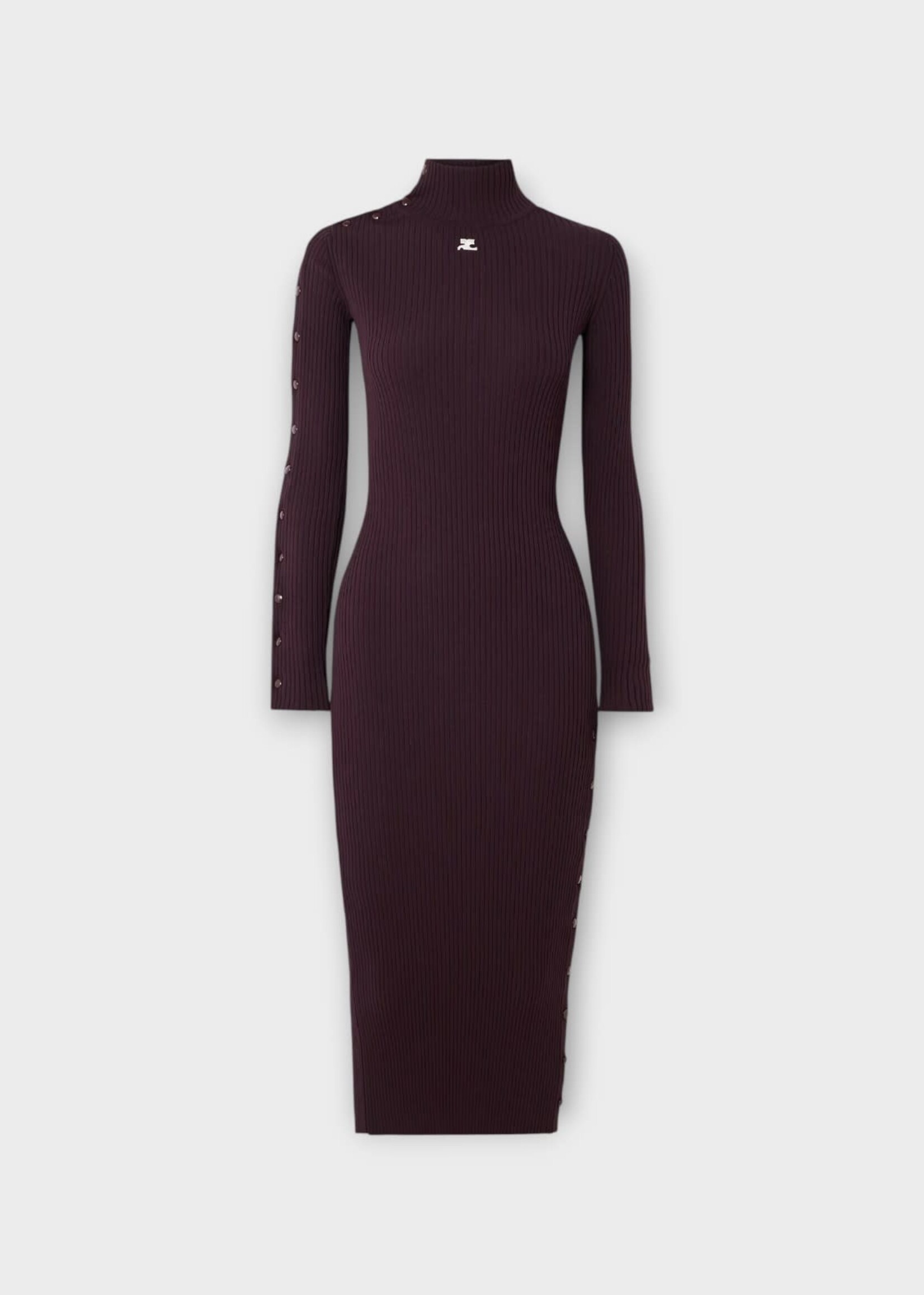 Courreges Courreges Dress, Purple, Turtle Neck Long Sleeve Ribbed Knit Long Dress In Burgundy