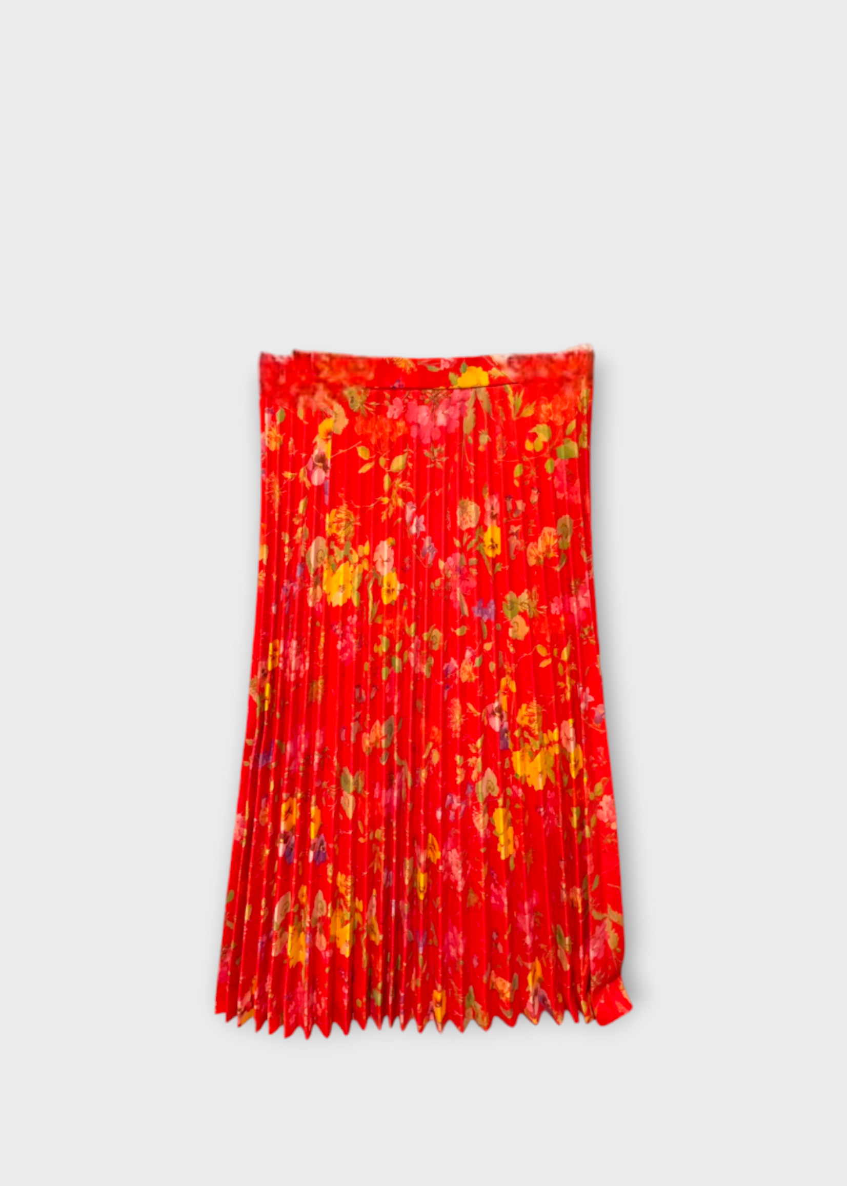 Balenciaga Balenciaga Skirt, Print, Leather High Waisted Pleated Midi Skirt in Red w/ Flower Print