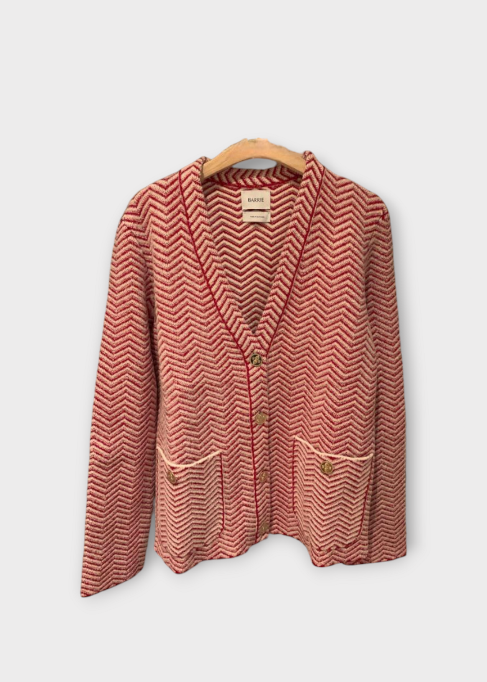 Barrie Barrie Jacket, Multi, Cashmere & Wool V-Neck Button Up Chevron Pattern Jacket In College Red
