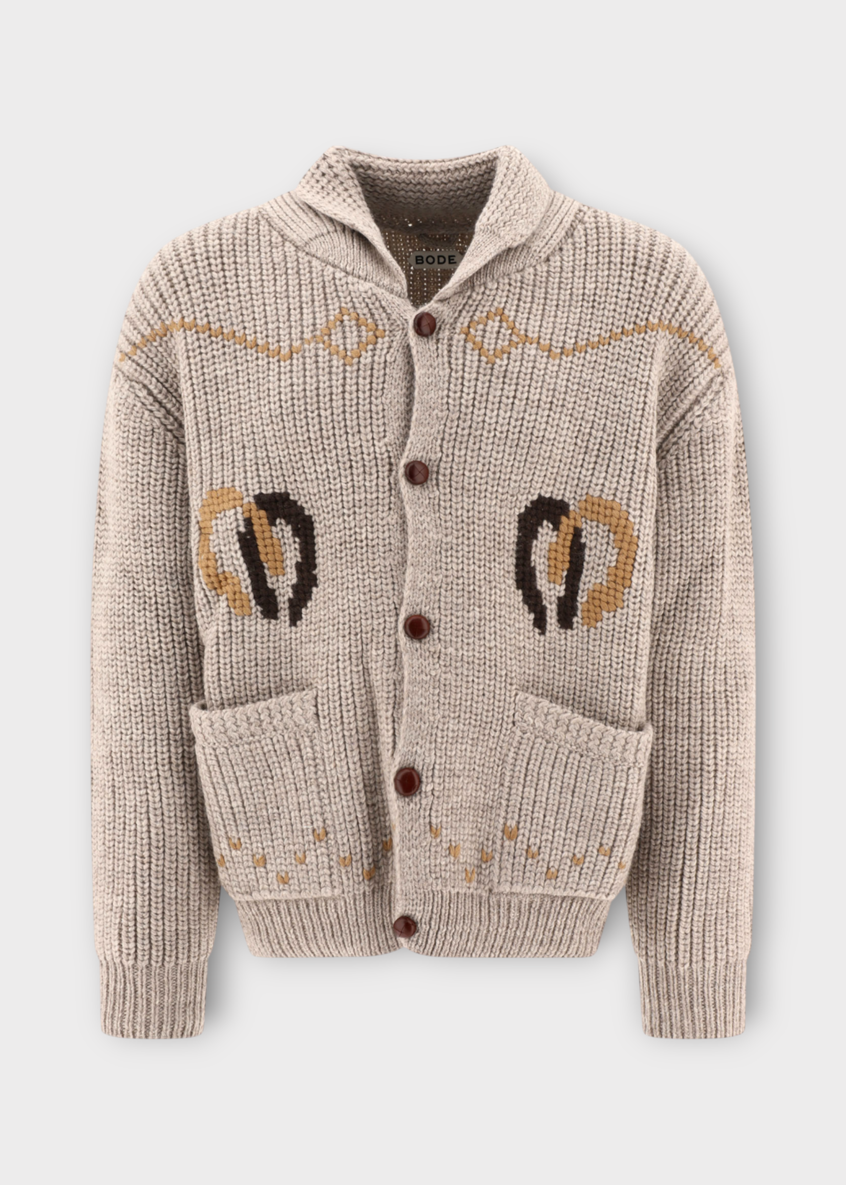 Bode Bode Knitwear, Grey, Pony Wool Collared Button Up Cardigan in Tan w/ Horseshoe
