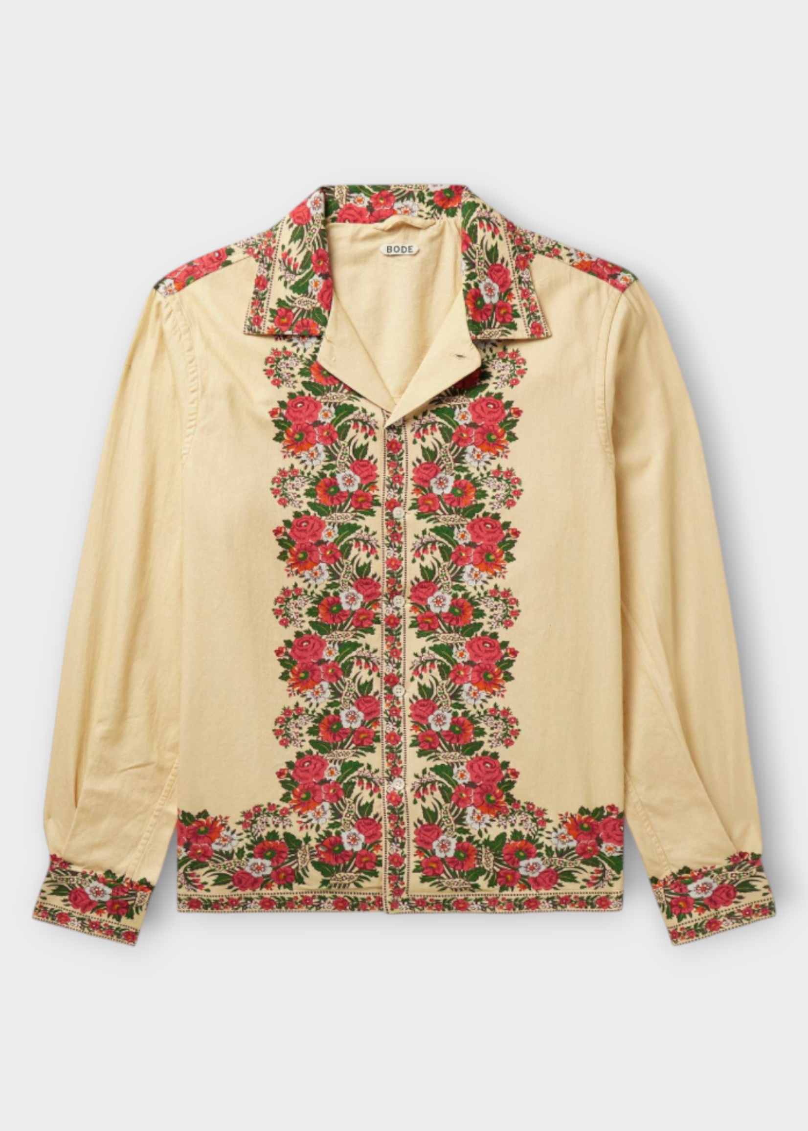 Bode Bode Shirt, Print, Cotton Collared Button Up In Ecru Beige w/ Winter Bouquet Print