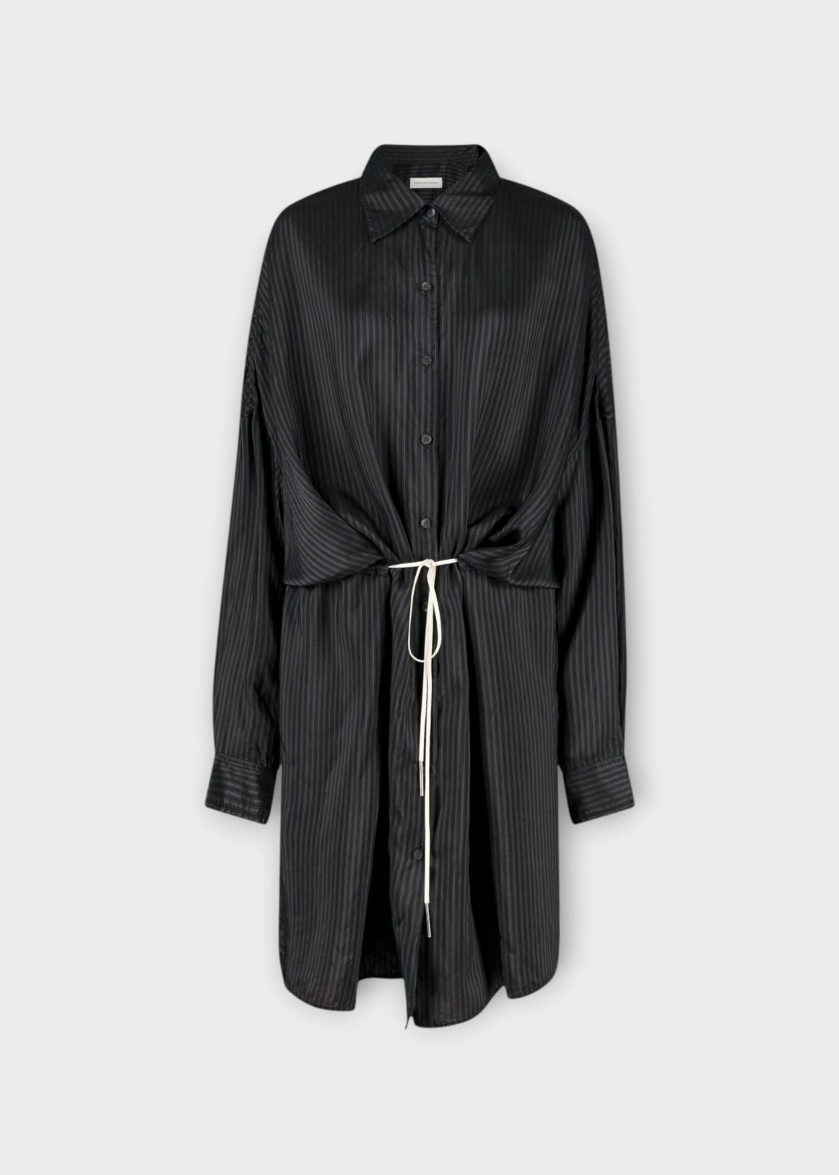 Dries Van Noten Dries Van Noten Dress, Grey, Dindia Collared Button Up Drawstring Stripe Dress