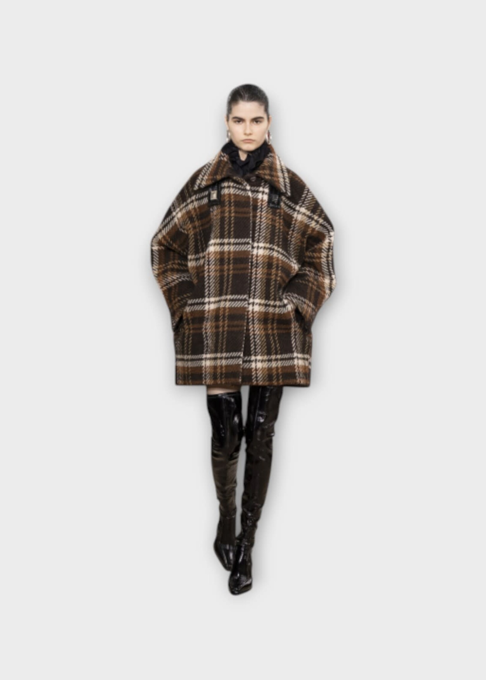 Patou Patou Coat, Print, Collared Buttoned Volume Lock Parka In Brown w/ Autumn Checkerboard Print