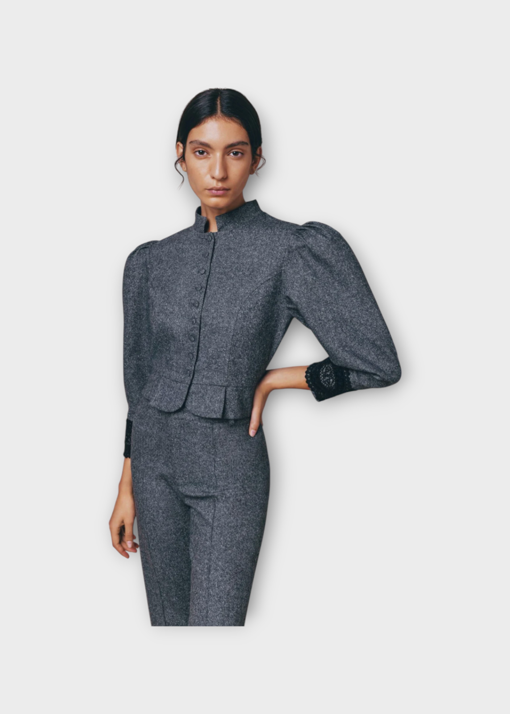 Destree Destree Jacket, Grey, Amoako Wool Flannel Lace Cuffs Puffed Sleeves Button Up Jacket In Speckled Grey