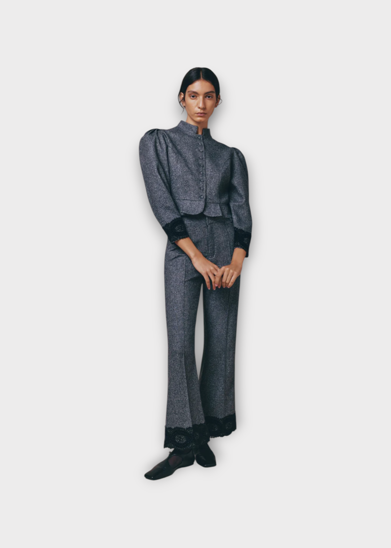 Destree Destree Trousers, Grey, Yoshitomo Wool Flannel Lace Cuffs Pants In Speckled Grey w/ Pleats