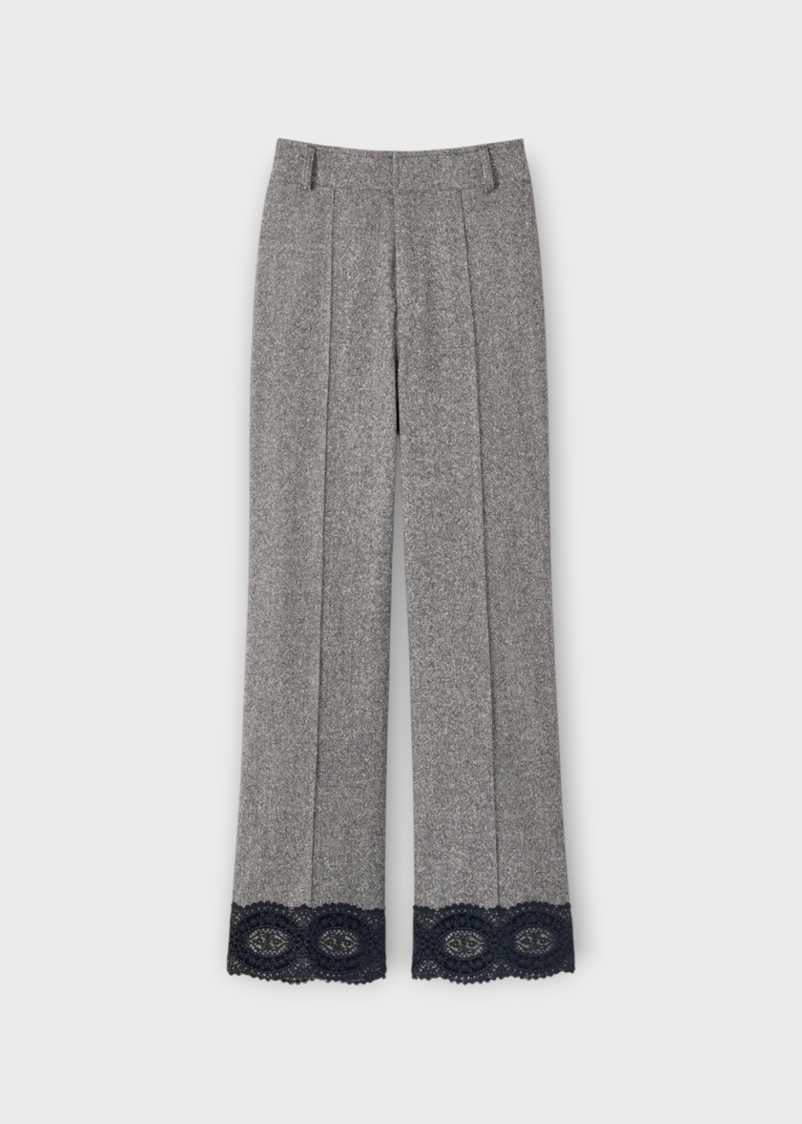 Destree Destree Trousers, Grey, Yoshitomo Wool Flannel Lace Cuffs Pants In Speckled Grey w/ Pleats