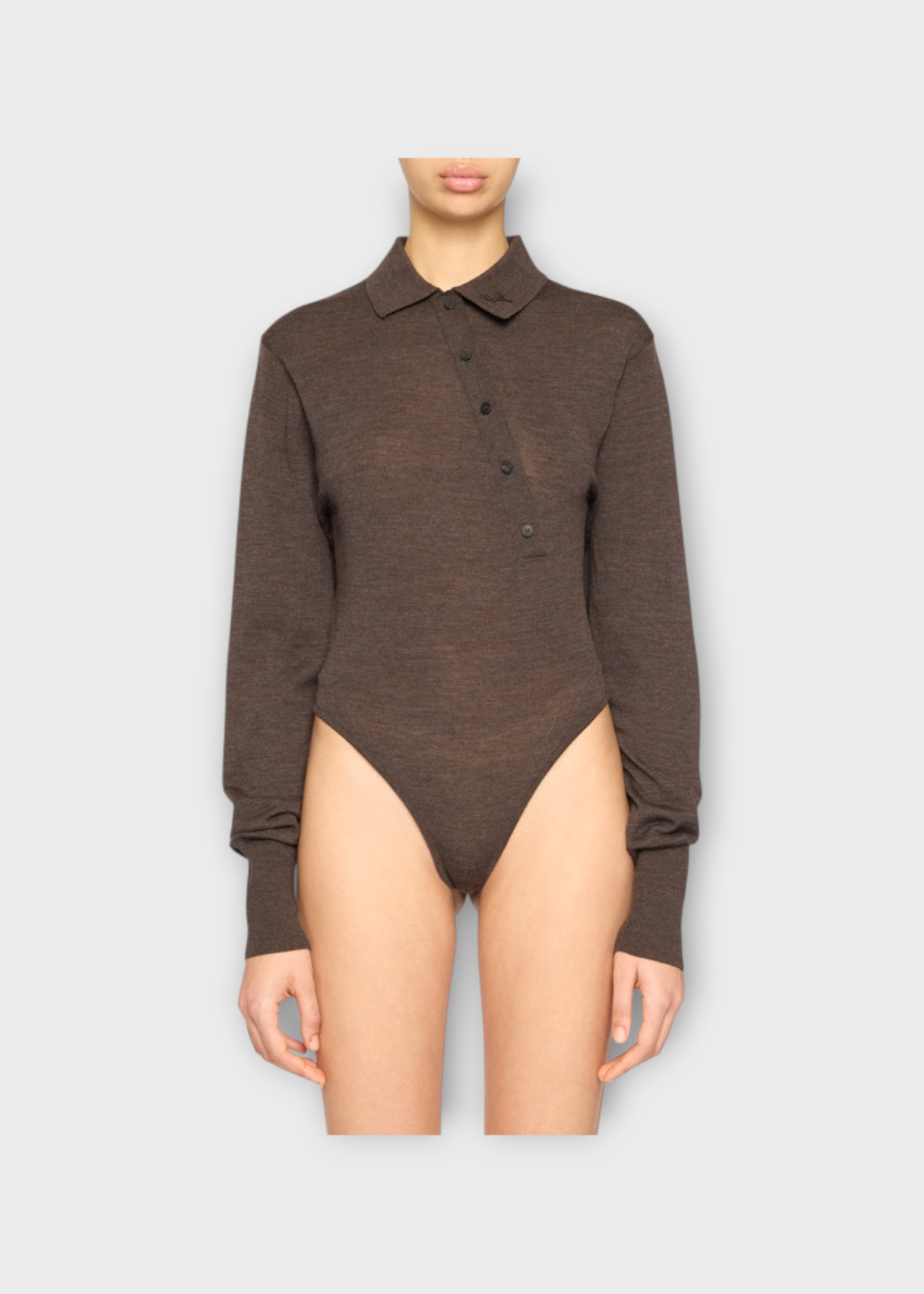 Jacquemus Jacquemus Top, Brown, Le Body Tordu Merino Wool Collared Long Sleeve Ribbed Bodysuit In Dark Brown