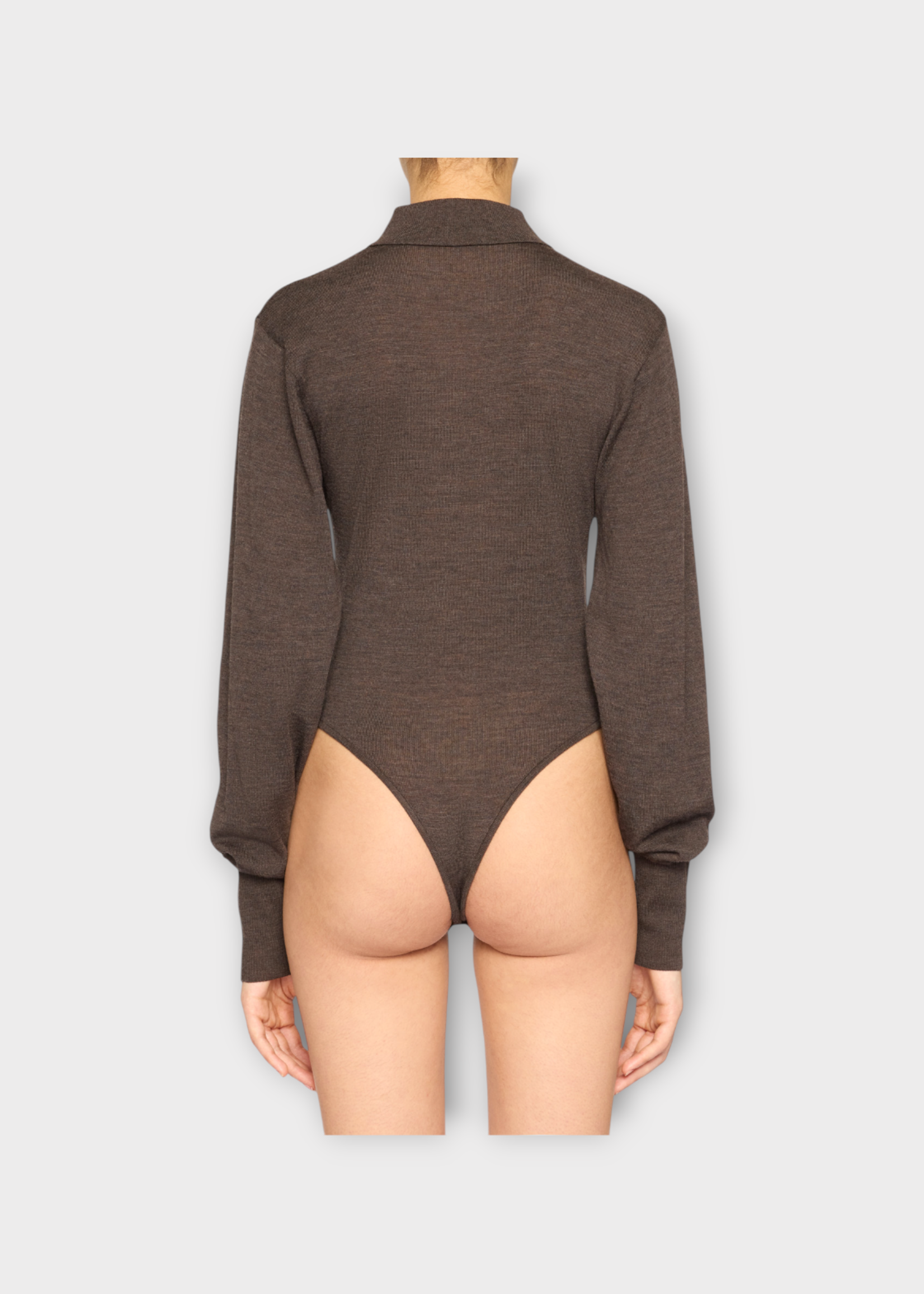 Jacquemus Jacquemus Top, Brown, Le Body Tordu Merino Wool Collared Long Sleeve Ribbed Bodysuit In Dark Brown
