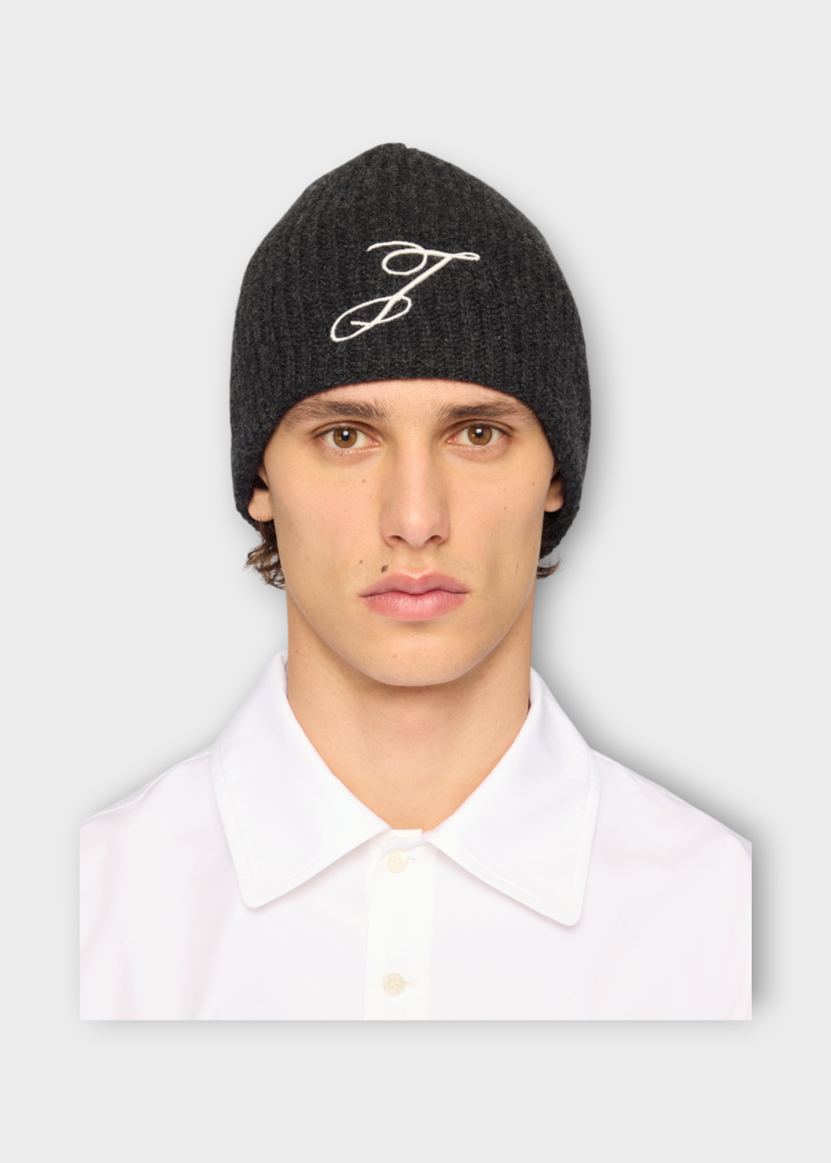 Jacquemus Jacquemus Hat, Grey, Le Bonnet Espiral Merino Wool Ribbed Beanie In Dark Grey w/ Embroidery
