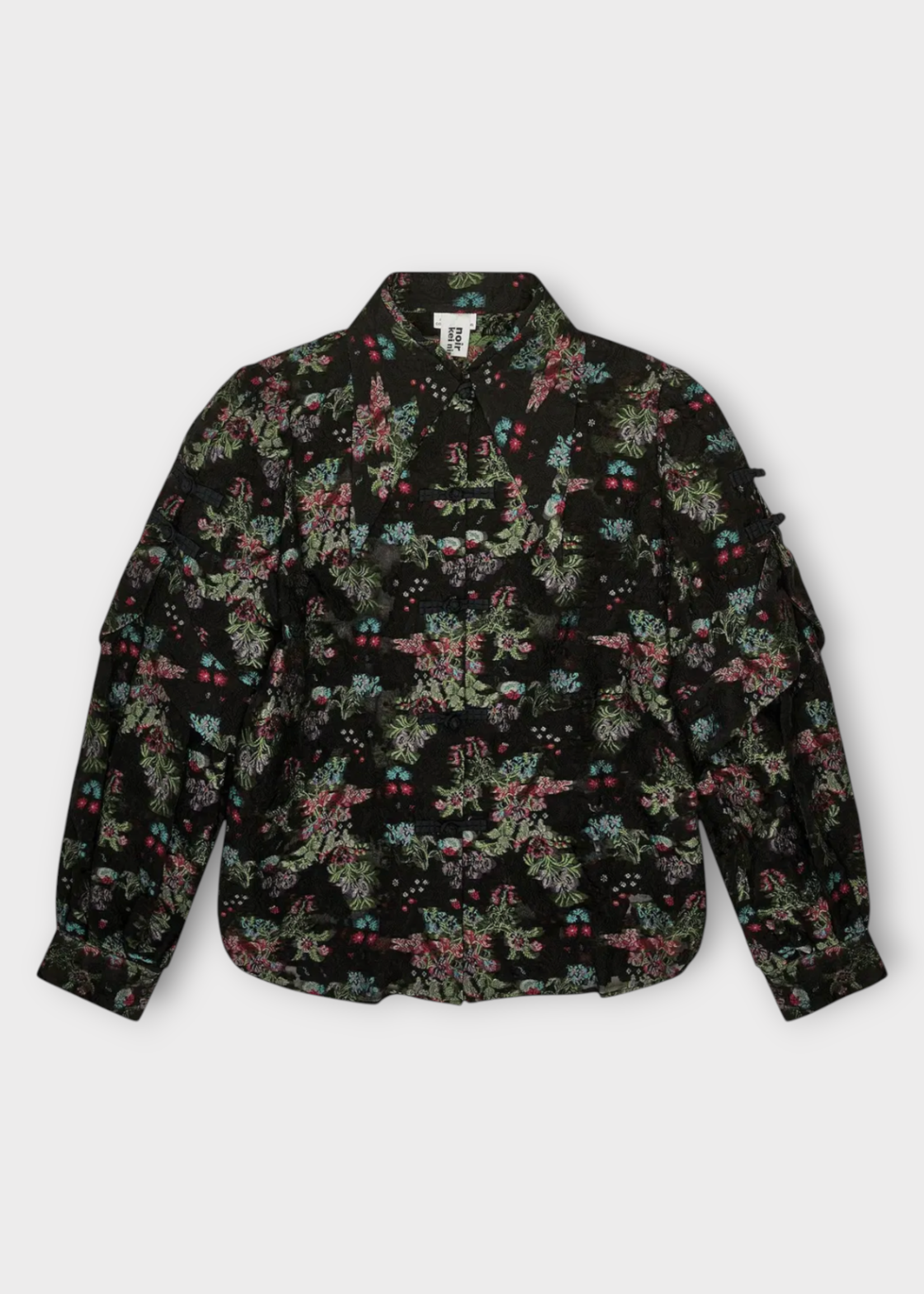 Noir Kei Ninomiya Noir Kei Ninomiya Shirt, Print, Cotton Jacquard Voluminous Collar Shirt in Black & Multi w/ Floral Pattern