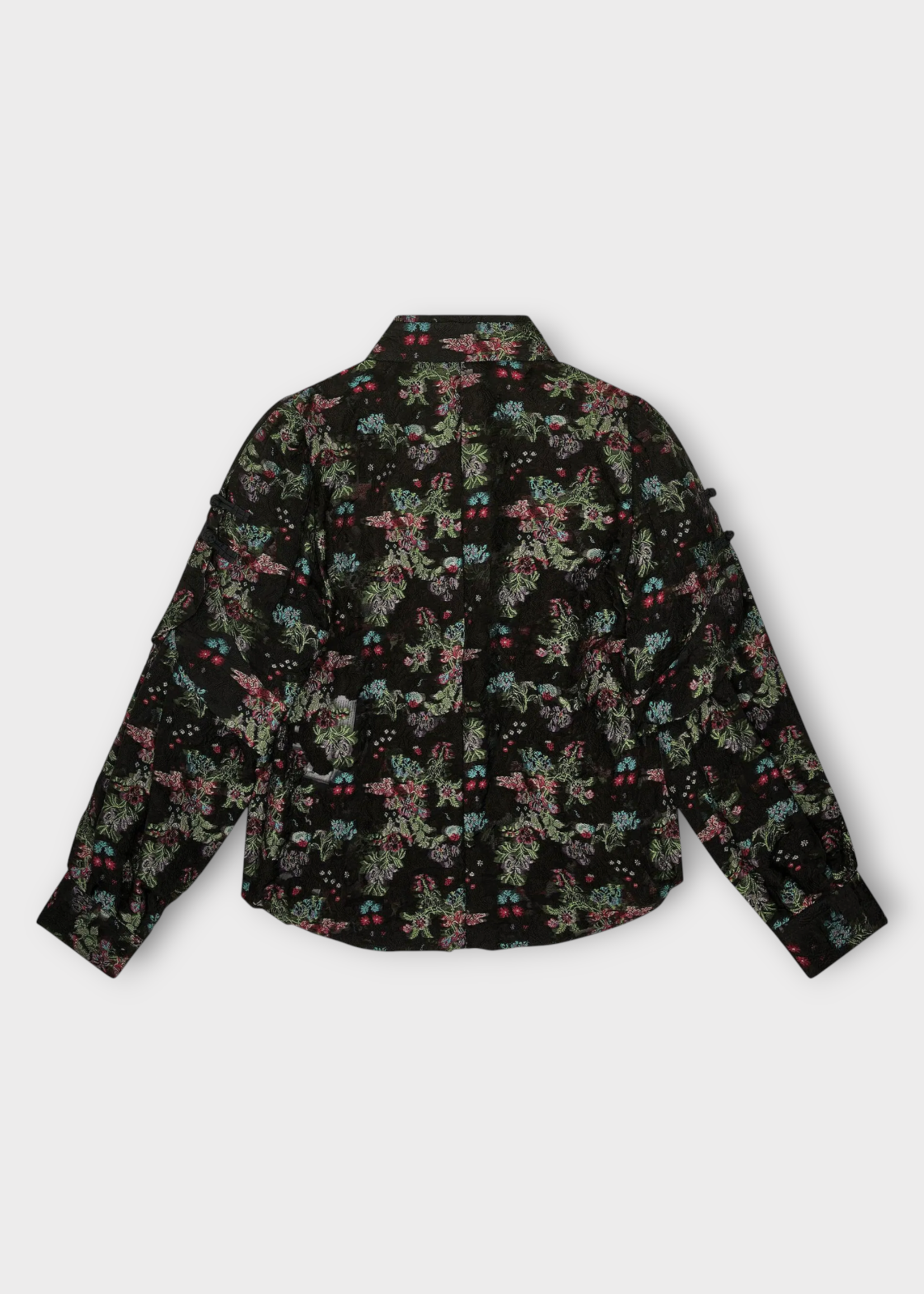 Noir Kei Ninomiya Noir Kei Ninomiya Shirt, Print, Cotton Jacquard Voluminous Collar Shirt in Black & Multi w/ Floral Pattern