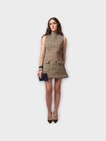 Julie de Libran Julie de Libran Dress, Print, Wool Neoprene High Neck Sleeveless Mini Dress in Brown w/ Check Print