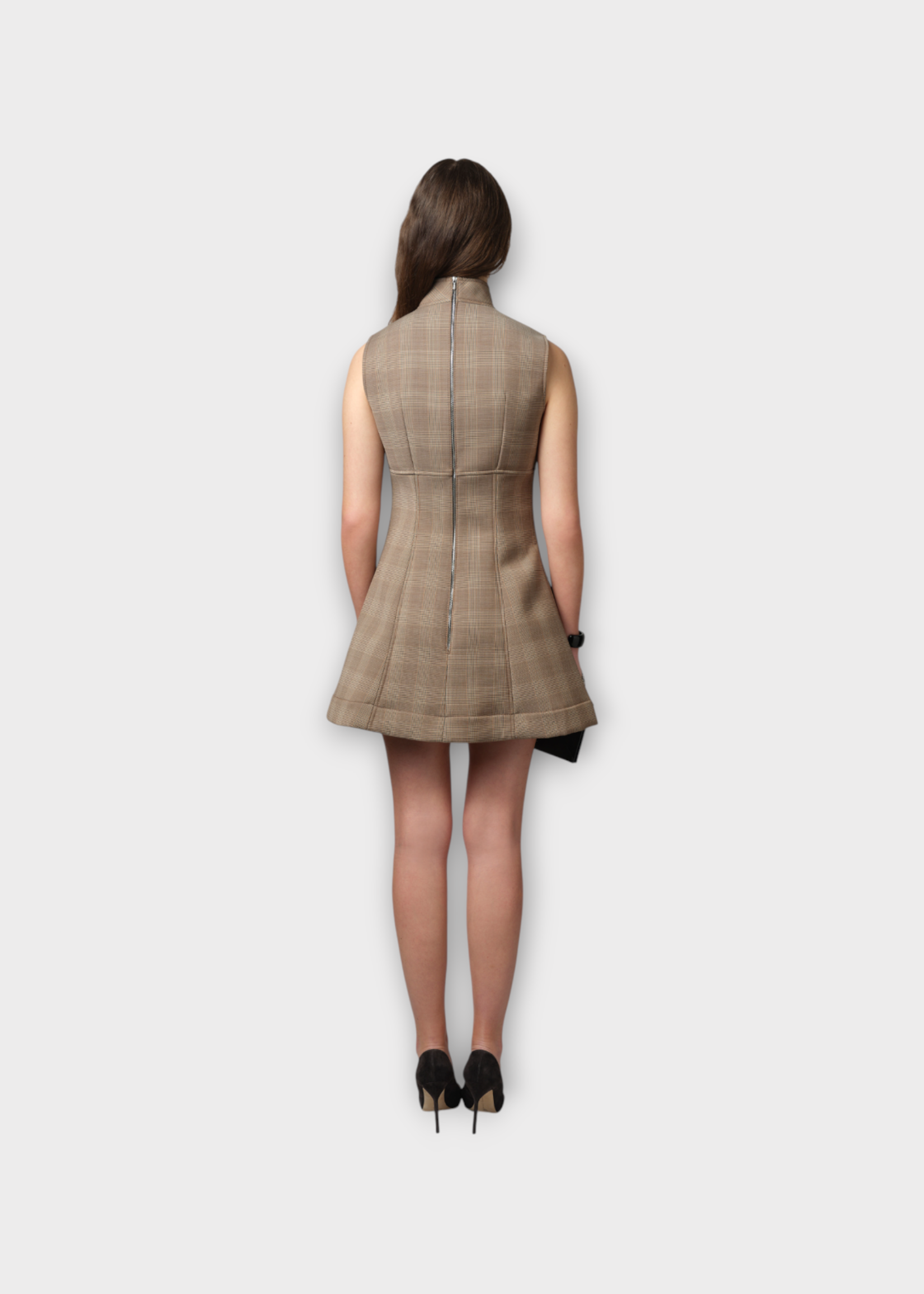 Julie de Libran Julie de Libran Dress, Print, Wool Neoprene High Neck Sleeveless Mini Dress in Brown w/ Check Print