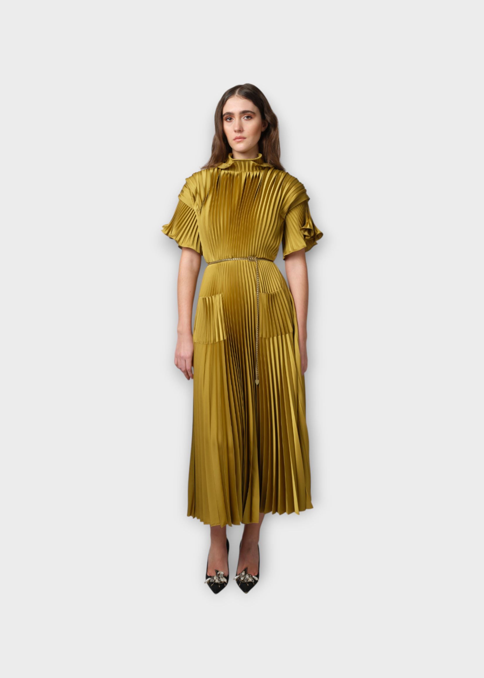 Julie de Libran Julie de Libran Dress, Gold, Rose Satin High Neck Short Sleeve Midi Plissé Dress w/ Pockets