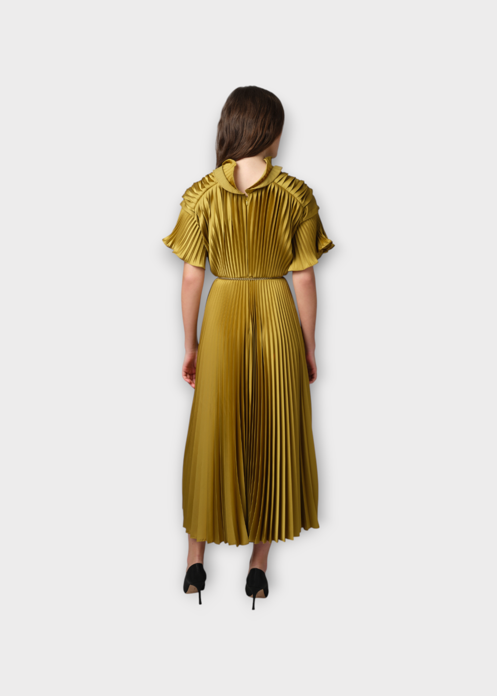 Julie de Libran Julie de Libran Dress, Gold, Rose Satin High Neck Short Sleeve Midi Plissé Dress w/ Pockets
