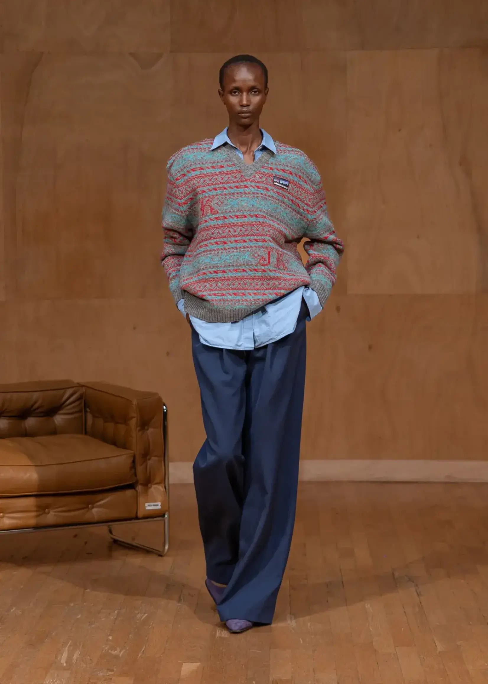 Julie Kegels Julie Kegels Knitwear, Multi, Kairall Wool V-Neck Back Zip Up Knitwear w/ Shirt