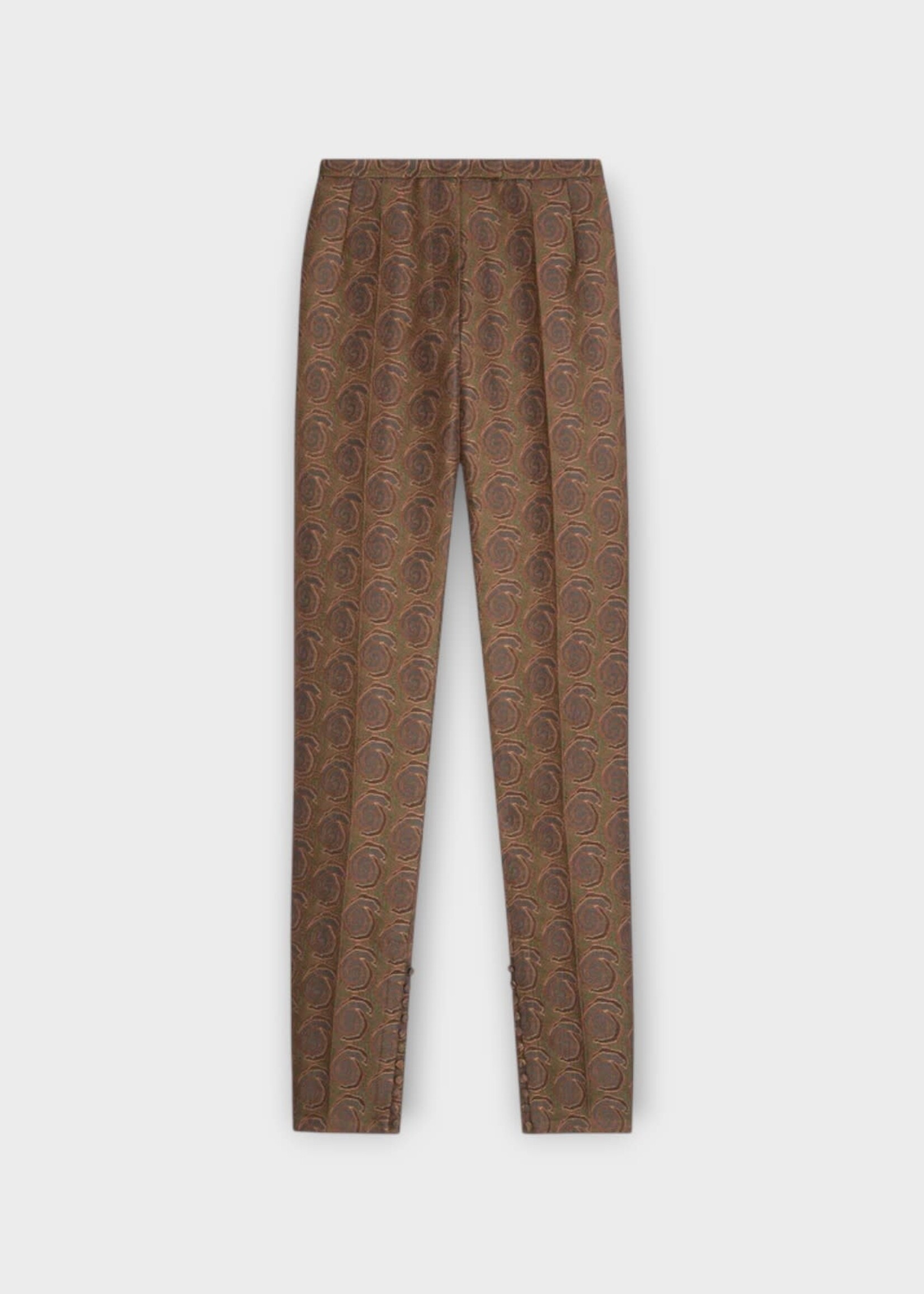Dries Van Noten Dries Van Noten Trousers, Green, Pandoris Jacquard Fitted Pants In Bottle Brown w/ Pleats & Swirl Motiv
