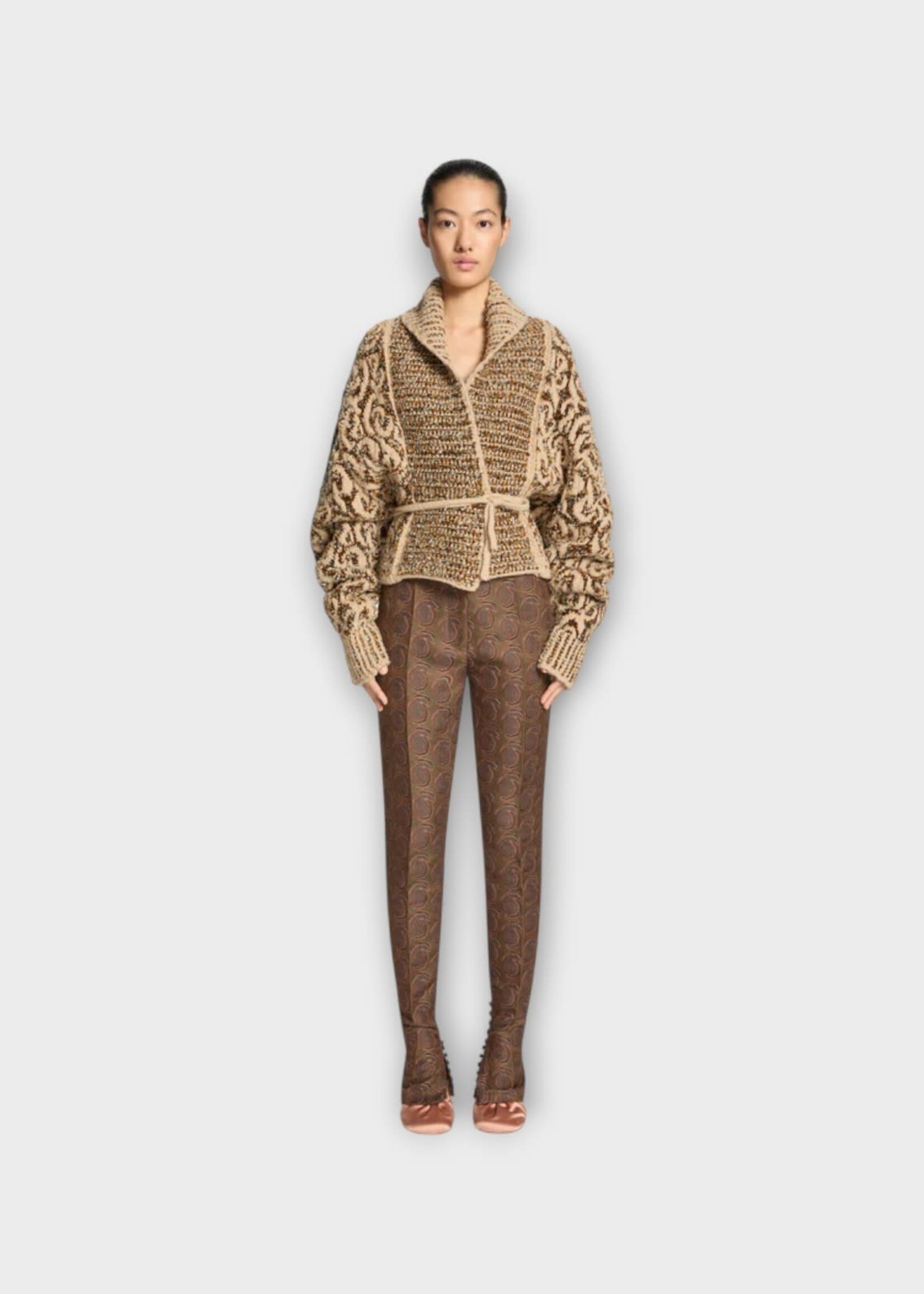 Dries Van Noten Dries Van Noten Trousers, Green, Pandoris Jacquard Fitted Pants In Bottle Brown w/ Pleats & Swirl Motiv