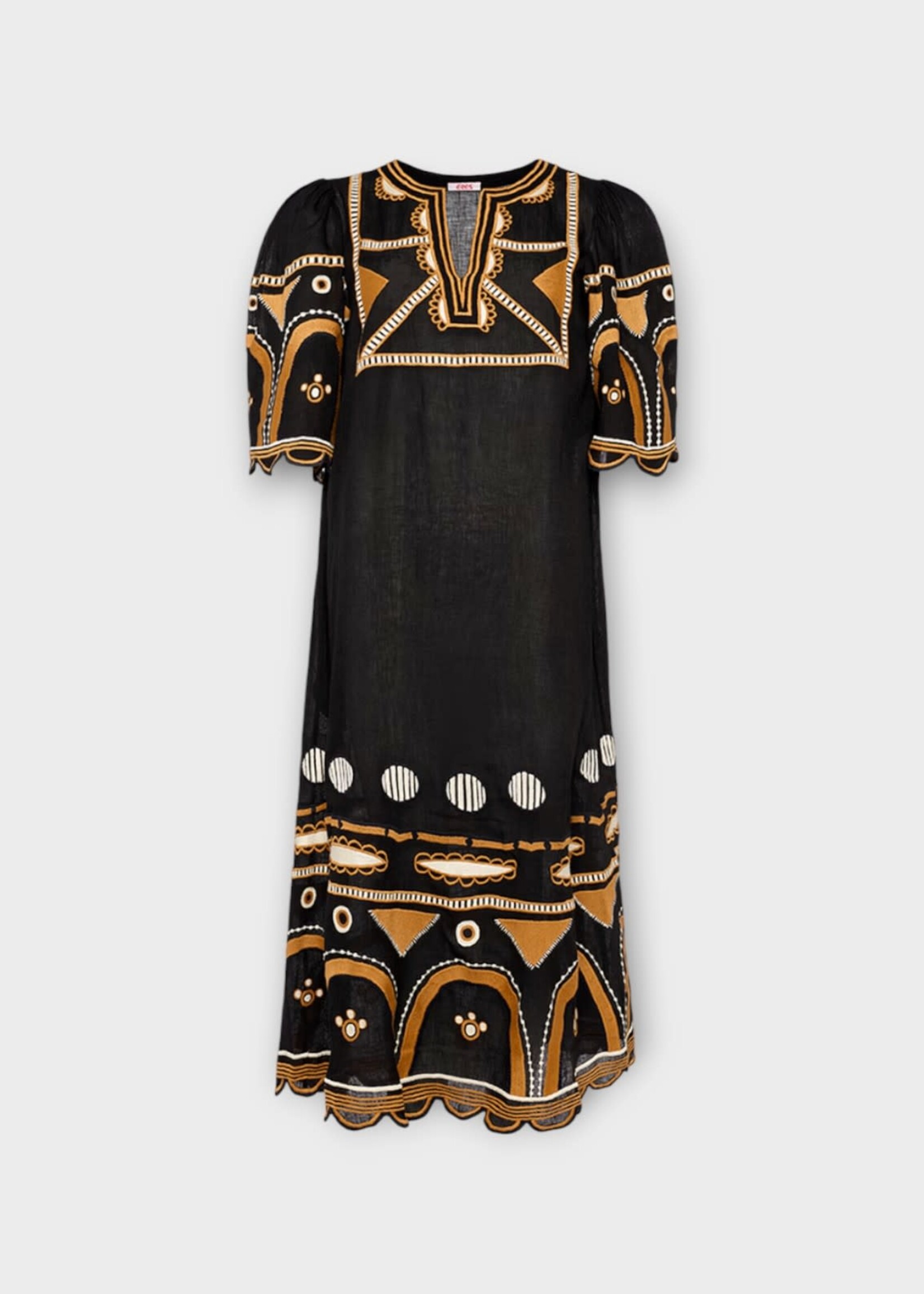 Eres Eres Dress, Multi, V-Neck Puffed Short Sleeves Ornement Dress In Black