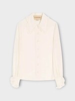 Valentino Valentino Shirt, White, Crepe De Chine Collared Shirt In Avorio w/ Ruffle Detail