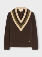 Valentino Valentino Knitwear, Multi, Wool V-Neck Sweater In Dark Fudge & Beige