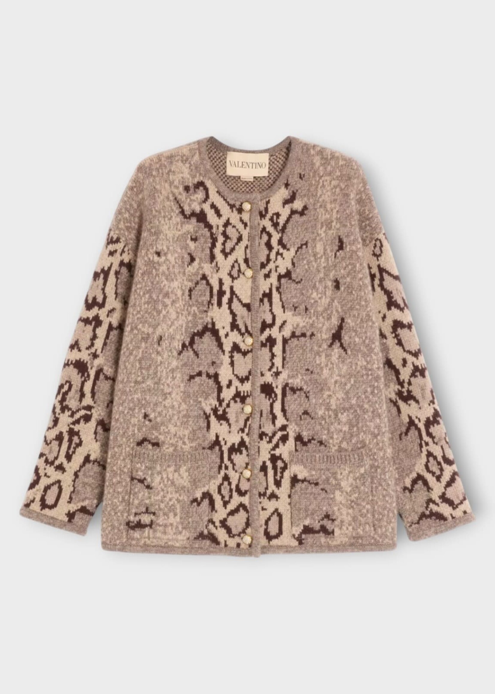 Valentino Valentino Jacket, Print, Cashmere Crew Neck Buttoned Jacket in Beige w/ Animalier Print Motif