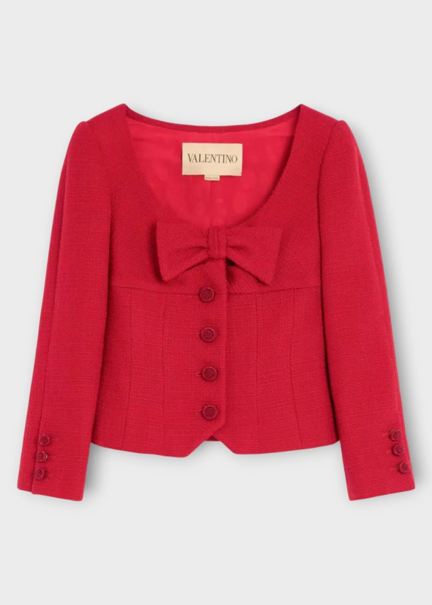 Valentino Valentino Jacket, Red, Plain Wool Tweed Wide Neckline Buttoned Jacket In Paris w/ Bow Detail #18