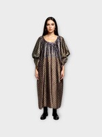 Dries Van Noten Dries Van Noten Dress, Print, Drunch Silk Round Neck Gathered Short Sleeves Dress In Dessin w/ Geometric Print