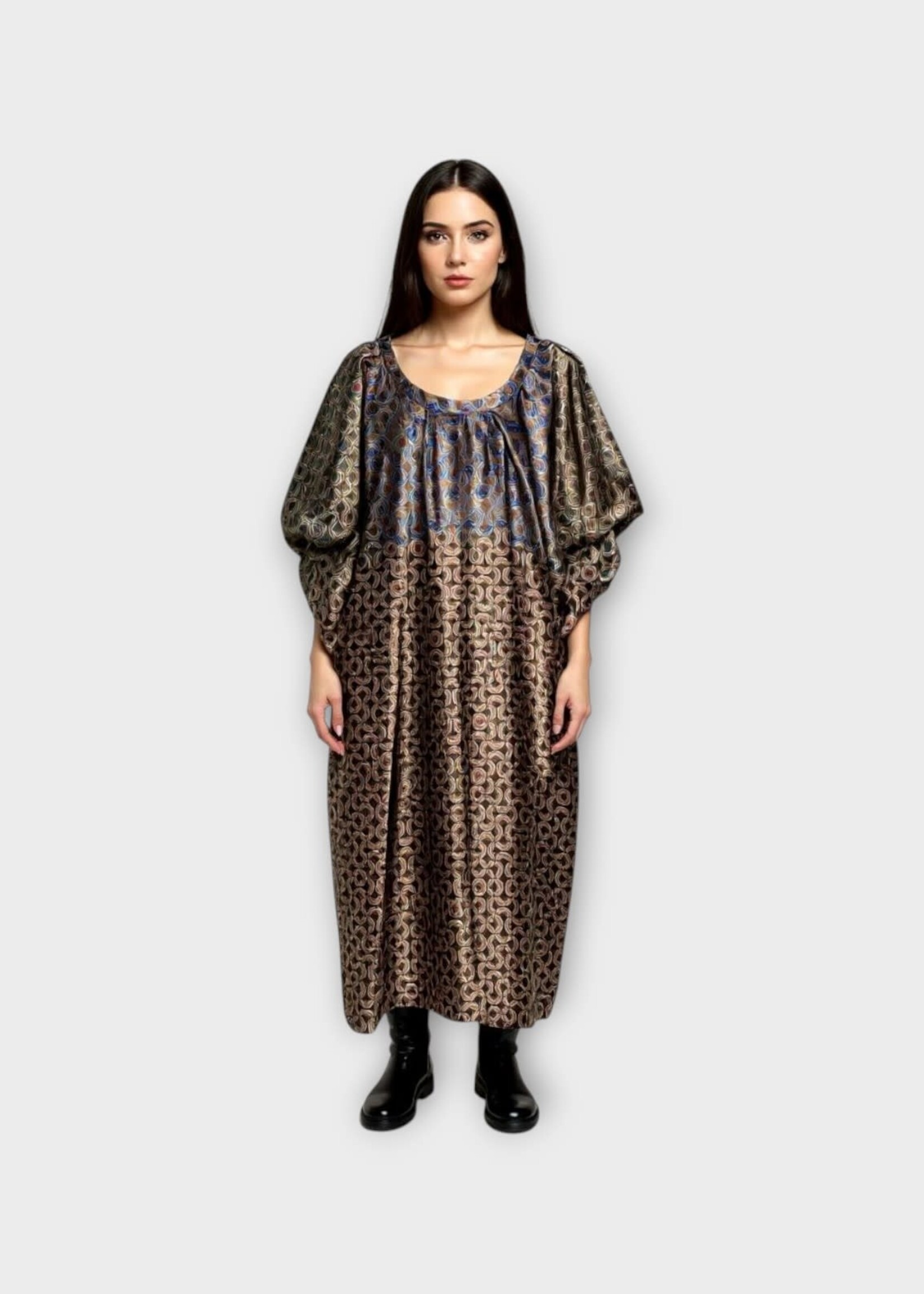 Dries Van Noten Dries Van Noten Dress, Print, Drunch Silk Round Neck Gathered Short Sleeves Dress In Dessin w/ Geometric Print