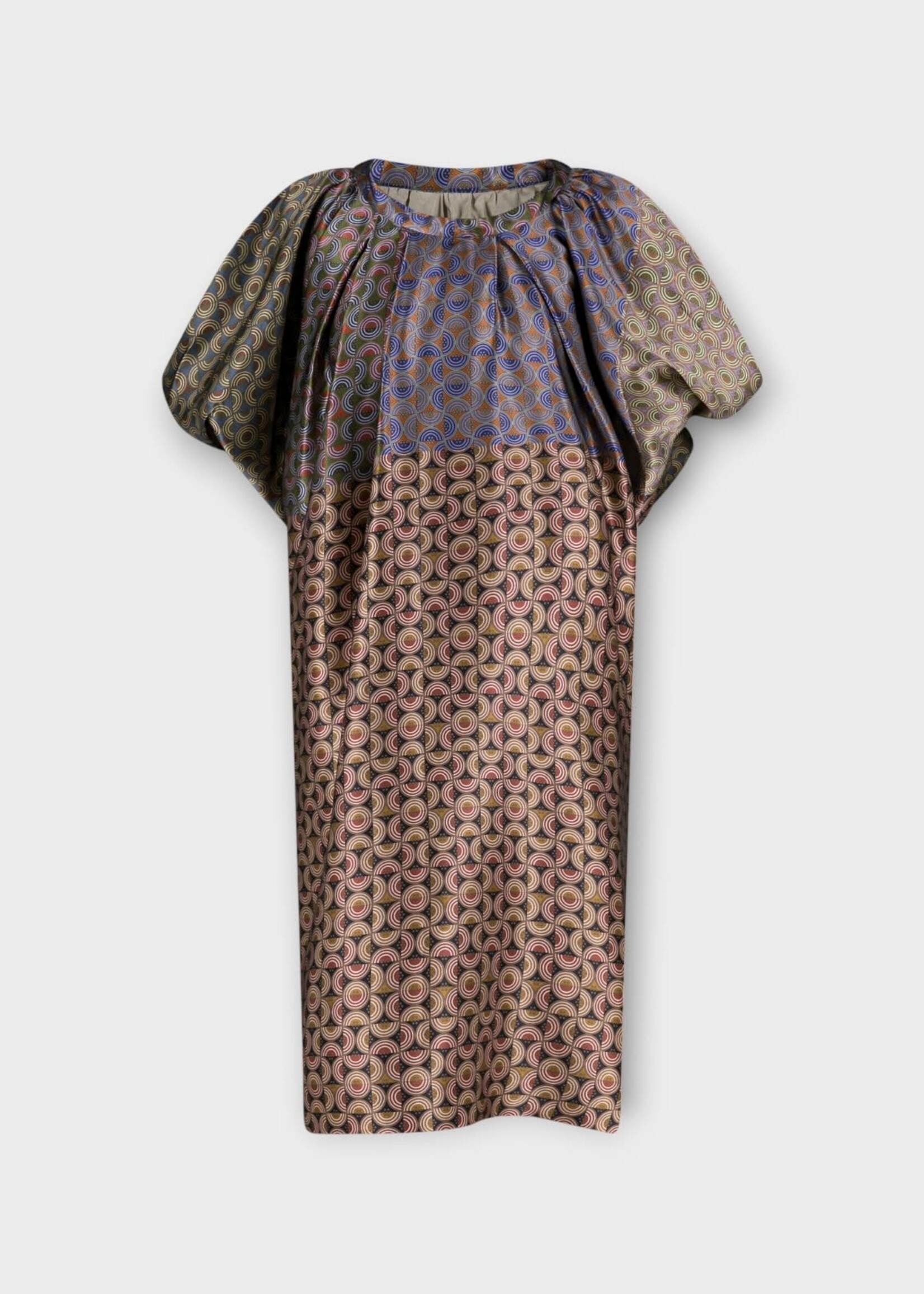 Dries Van Noten Dries Van Noten Dress, Print, Drunch Silk Round Neck Gathered Short Sleeves Dress In Dessin w/ Geometric Print