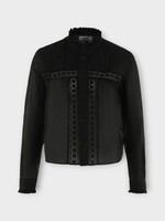 Celine Celine Shirt, Black, High Neck Cropped Frill Frill Butto Up Blouse