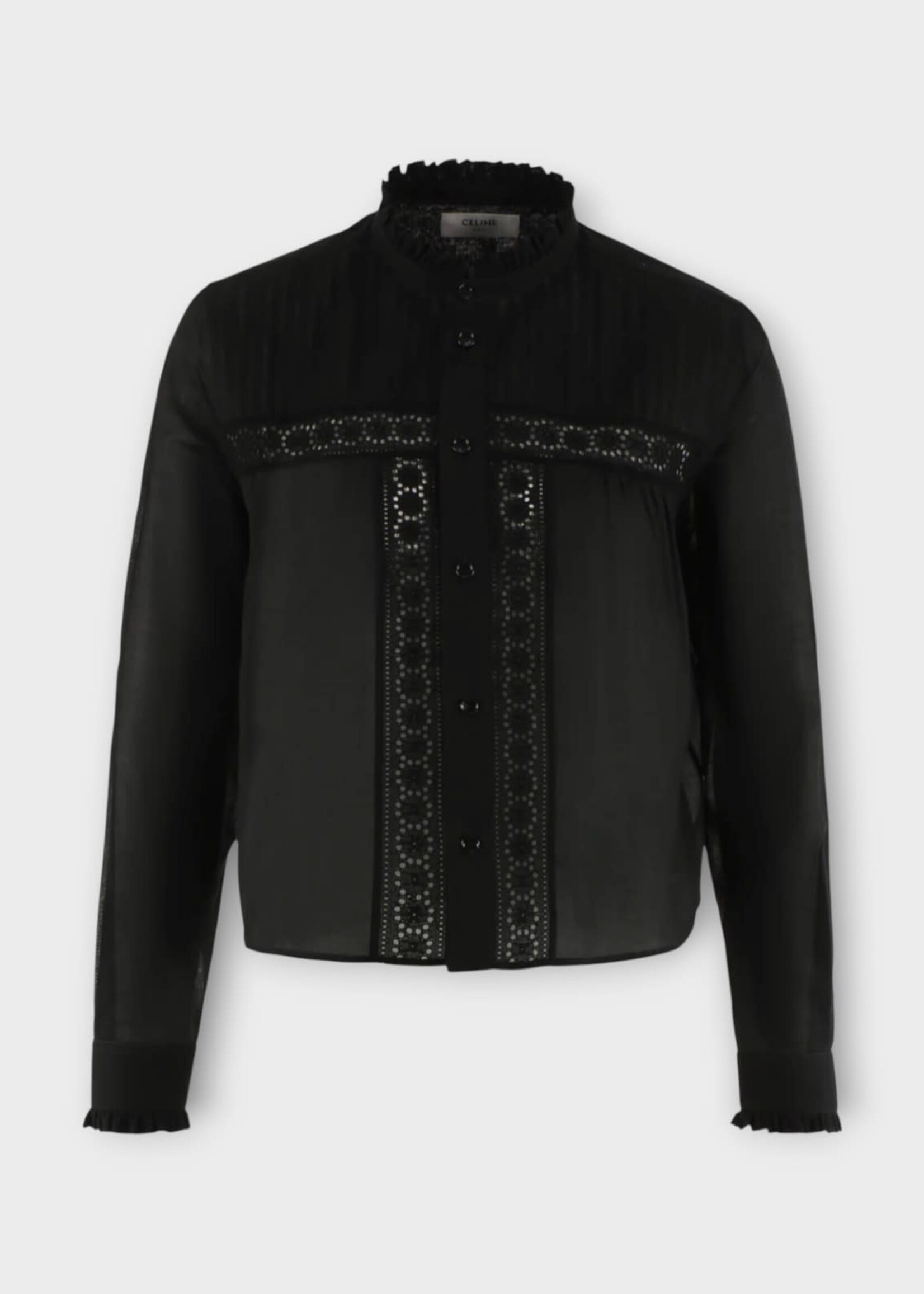 Celine Celine Shirt, Black, High Neck Cropped Frill Frill Butto Up Blouse