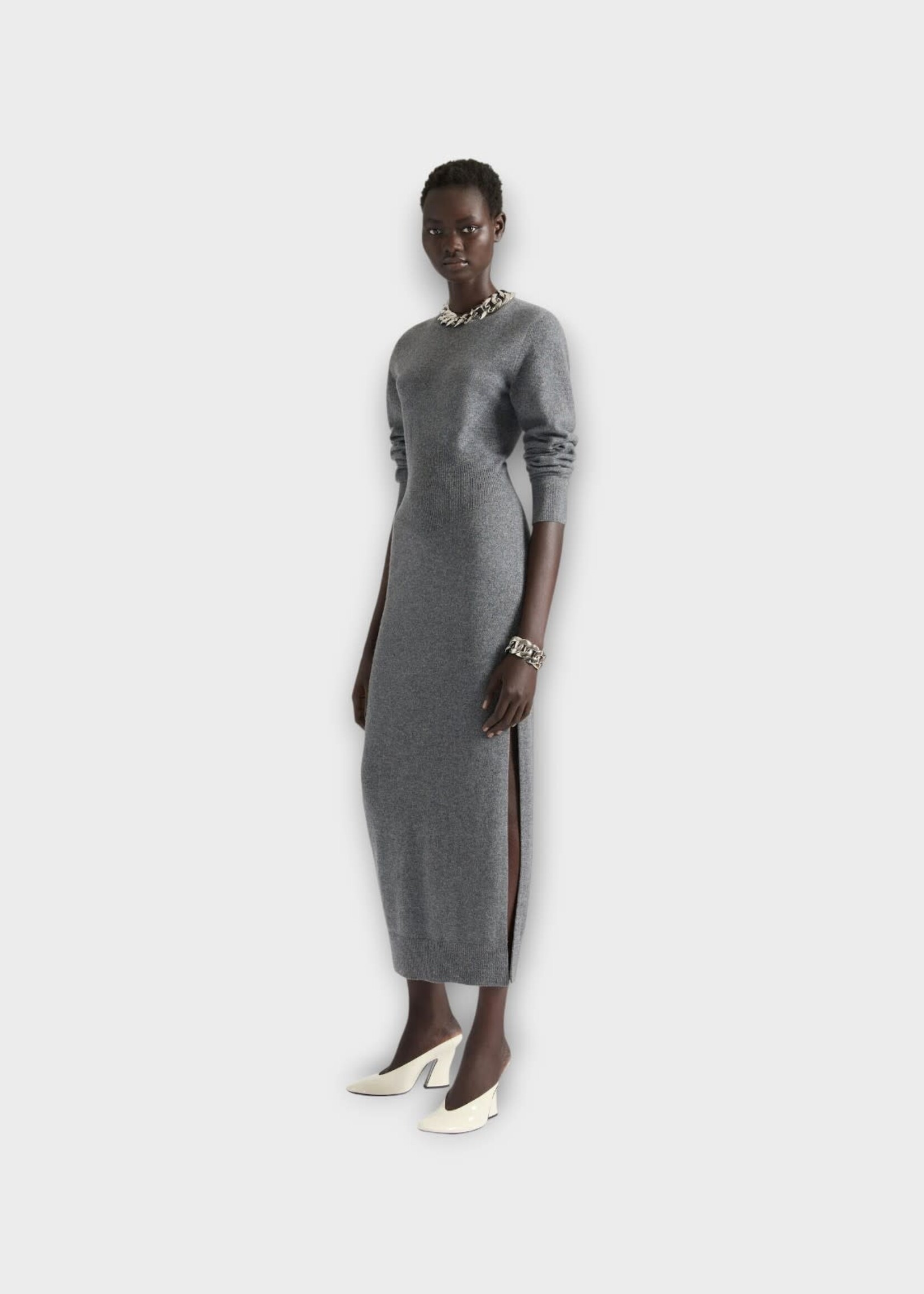 Givenchy Givenchy Dress, Grey, Cashmere Long Sleeves Slit Dress w/ Ribbed Waist