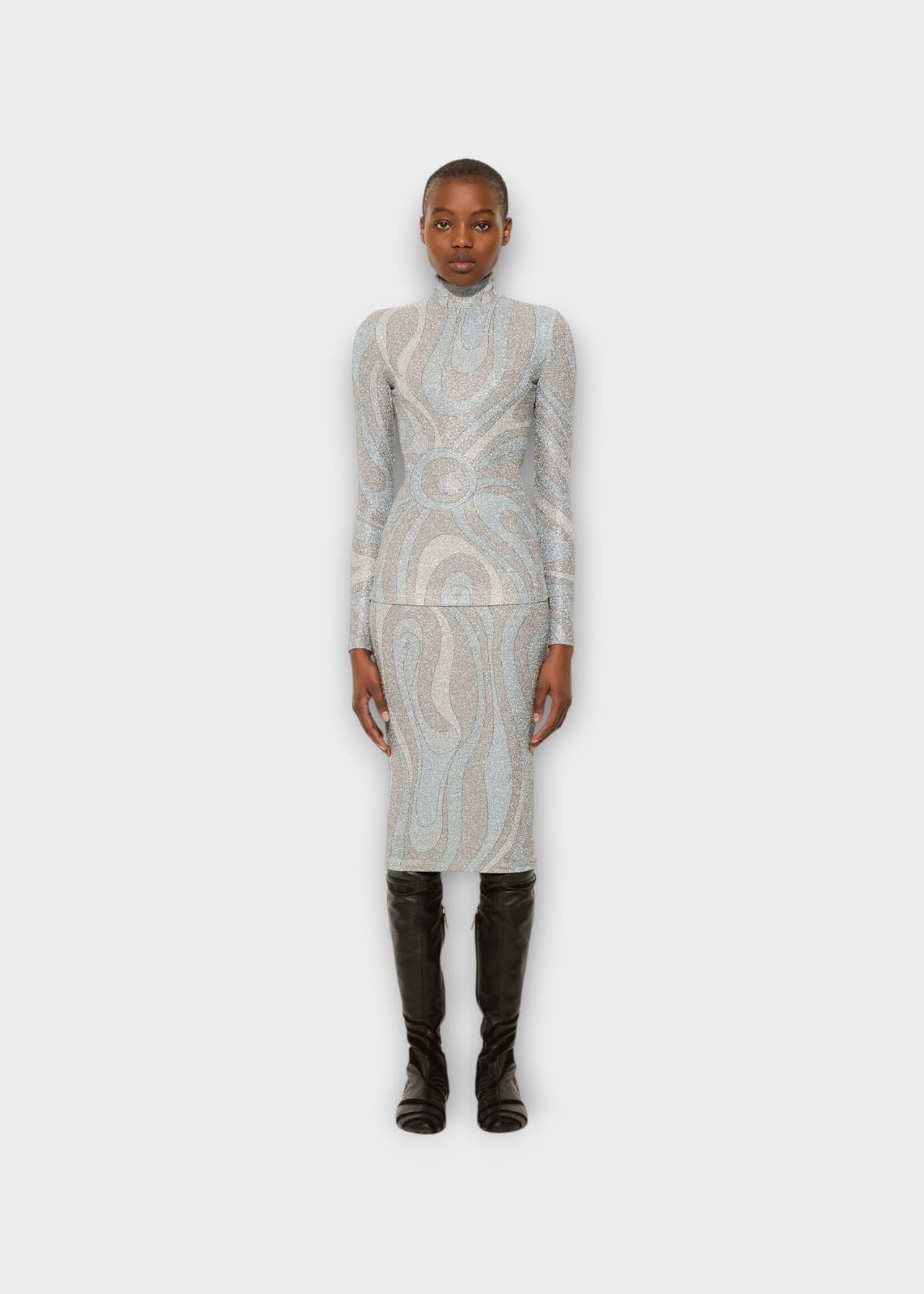 Pucci Pucci Top, Print, Jersey Lame' High Neck Long Sleeve Top In Silver w/ Marmo Print