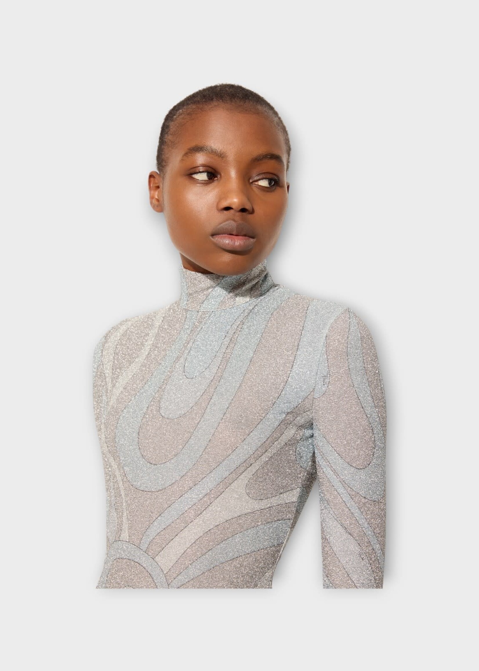 Pucci Pucci Top, Print, Jersey Lame' High Neck Long Sleeve Top In Silver w/ Marmo Print