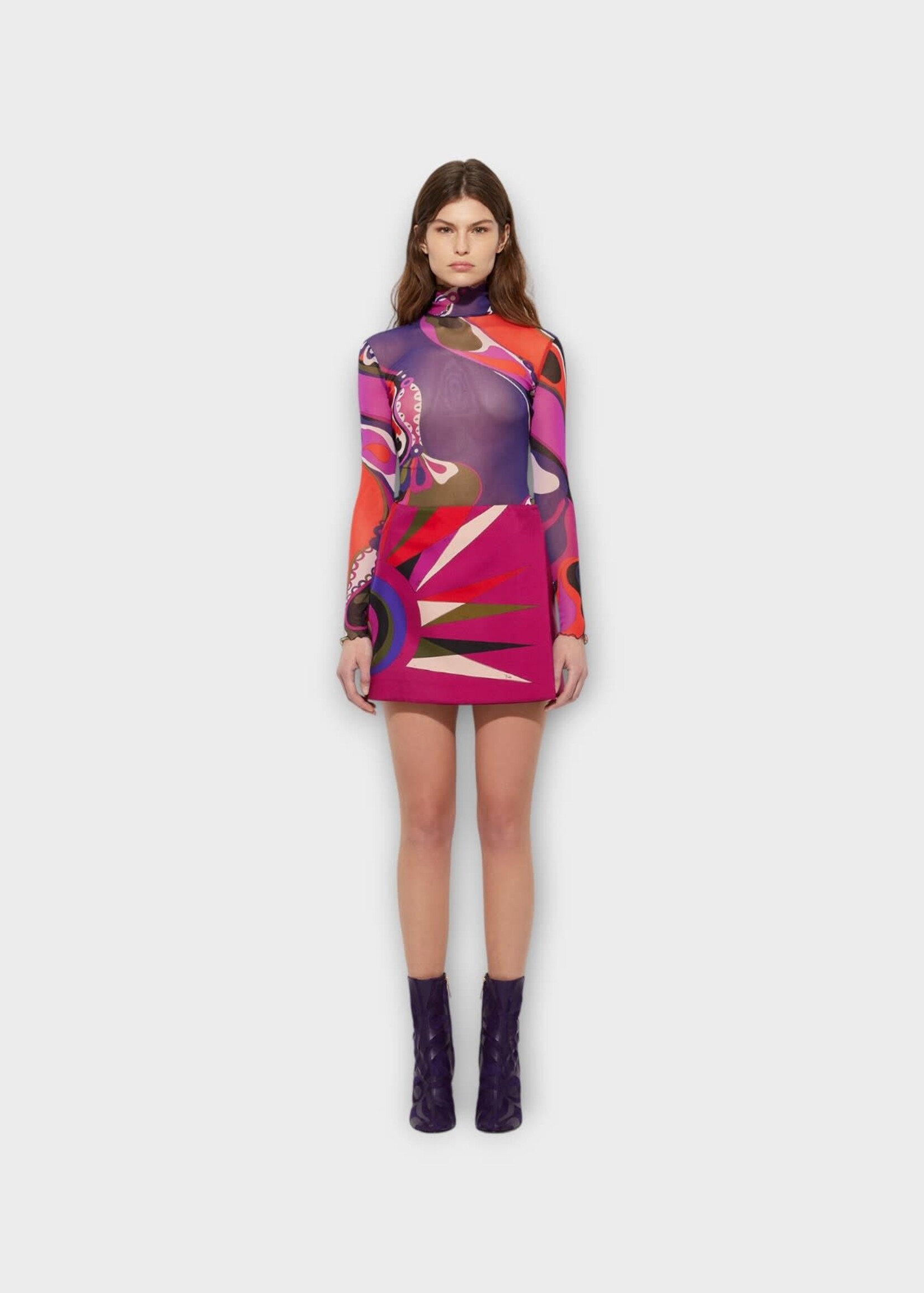 Pucci Pucci Top, Print, Tulle High Neck Long Sleeve Top In Multicolour w/ Orchidee Print