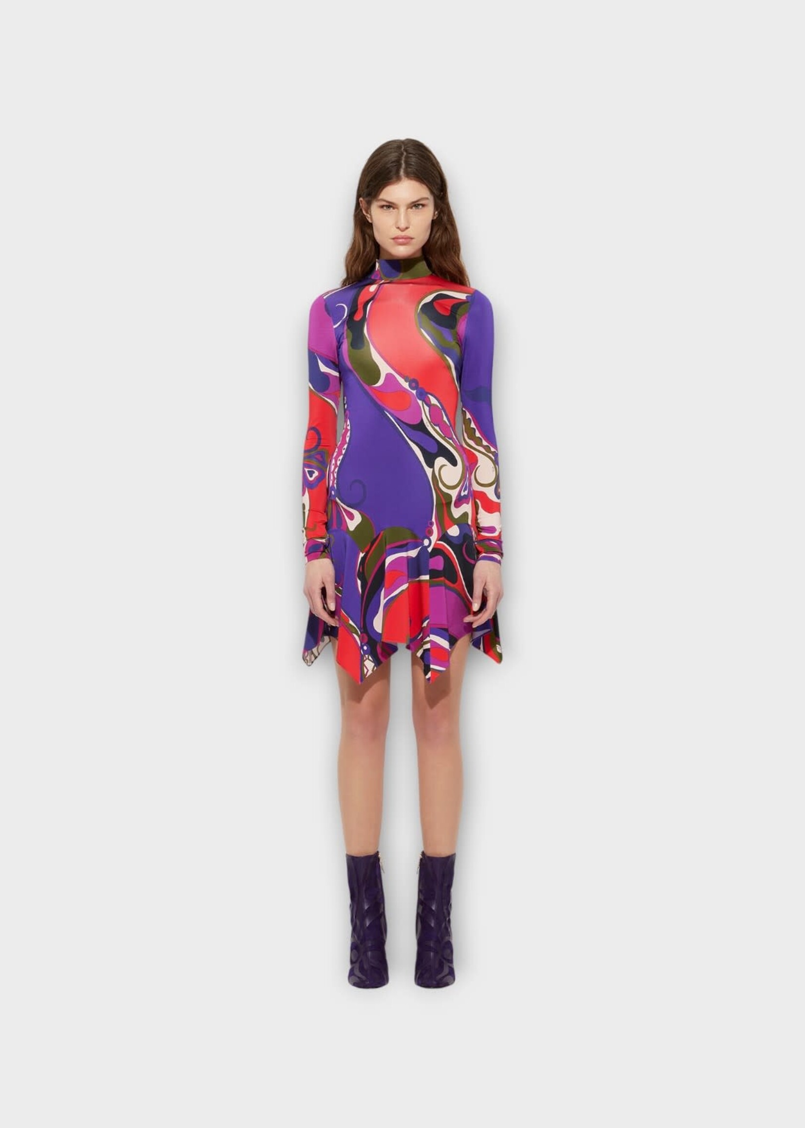 Pucci Pucci Dress, Print, Satin High Neck Long Sleeve Mini Dress In Multicolour w/ Orchidee Print