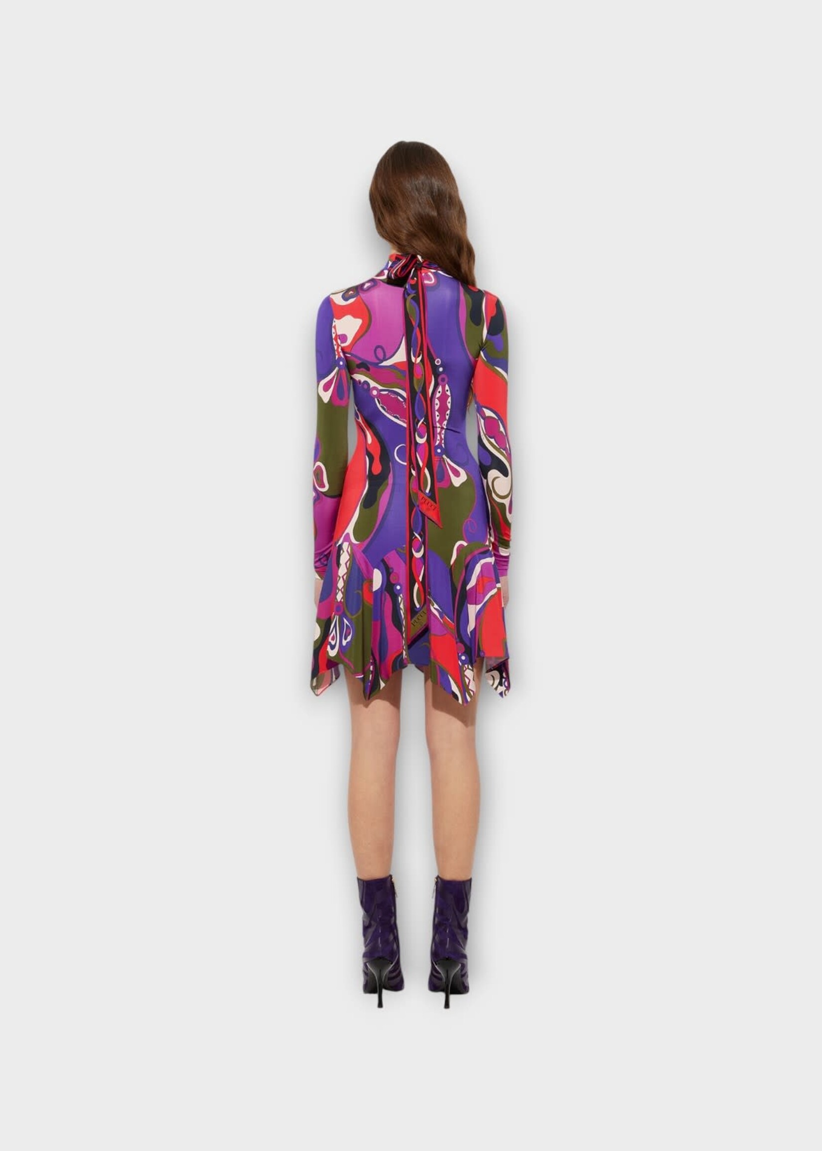 Pucci Pucci Dress, Print, Satin High Neck Long Sleeve Mini Dress In Multicolour w/ Orchidee Print
