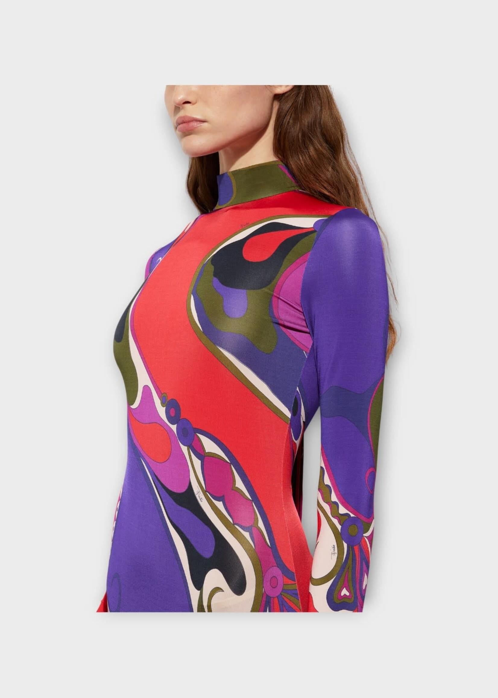 Pucci Pucci Dress, Print, Satin High Neck Long Sleeve Mini Dress In Multicolour w/ Orchidee Print