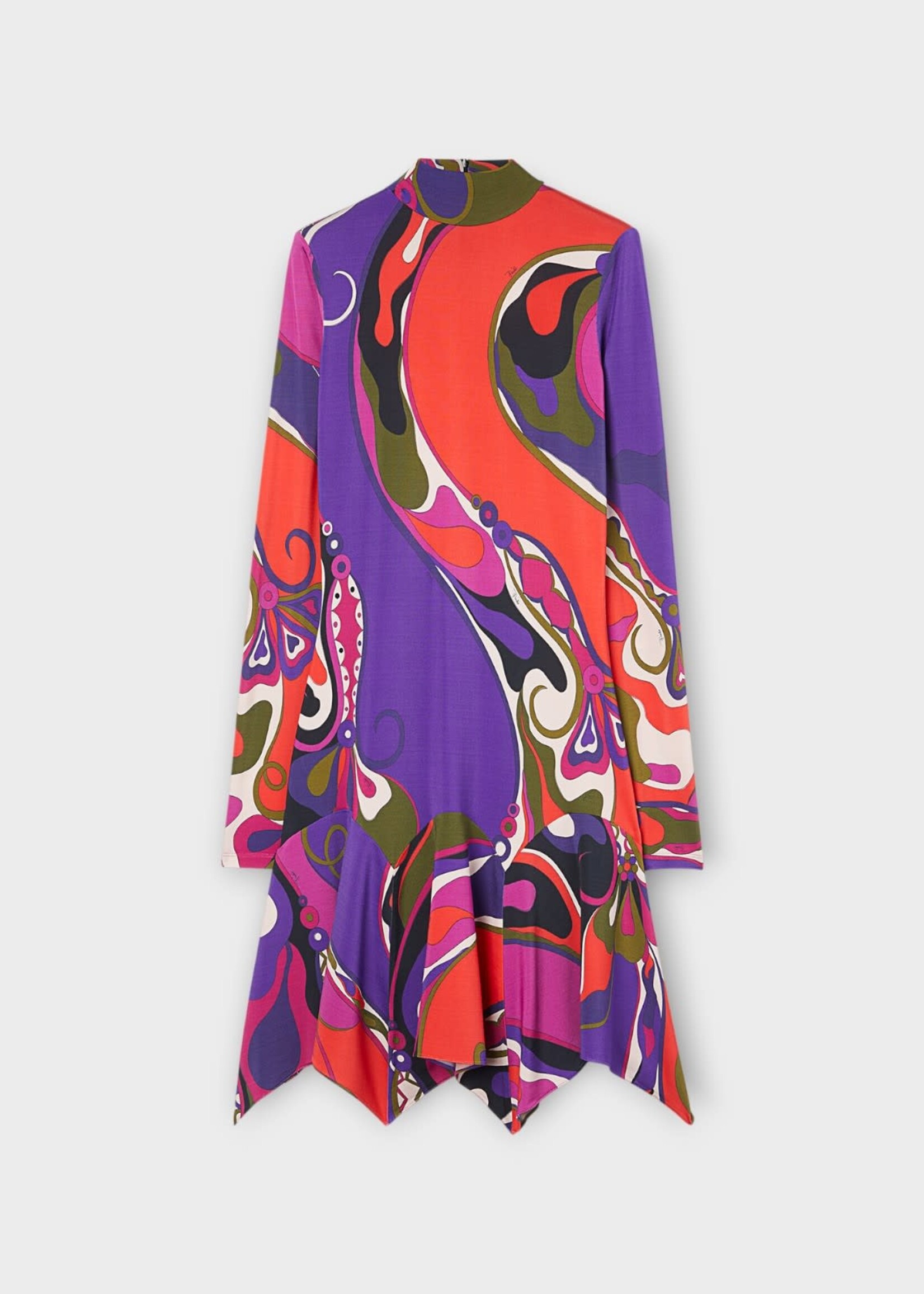 Pucci Pucci Dress, Print, Satin High Neck Long Sleeve Mini Dress In Multicolour w/ Orchidee Print