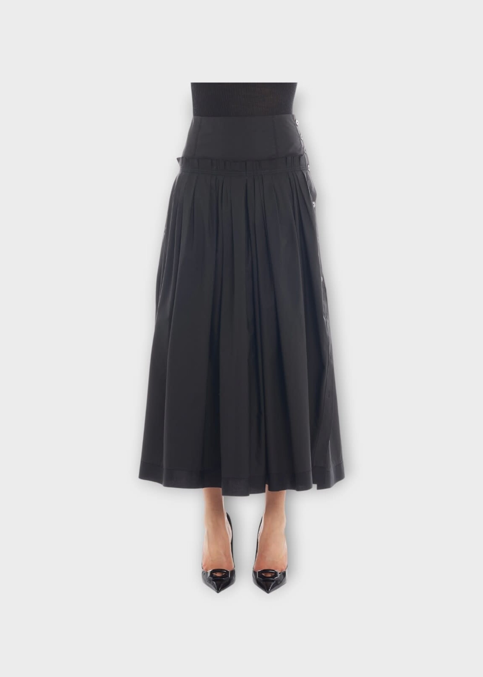 Lanvin Lanvin Skirt, Black, Basque Pleated Midi Skirt In Black w/ Side Buttons Detail