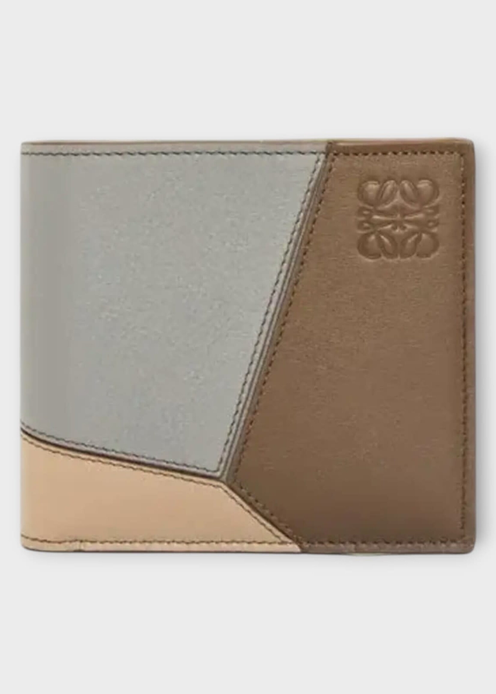 Loewe Loewe Small Leather Good, Brown, Puzzle Calf Leather Bifold Wallet In Asphalt Grey & Winter Brown w/ Embossed Logo