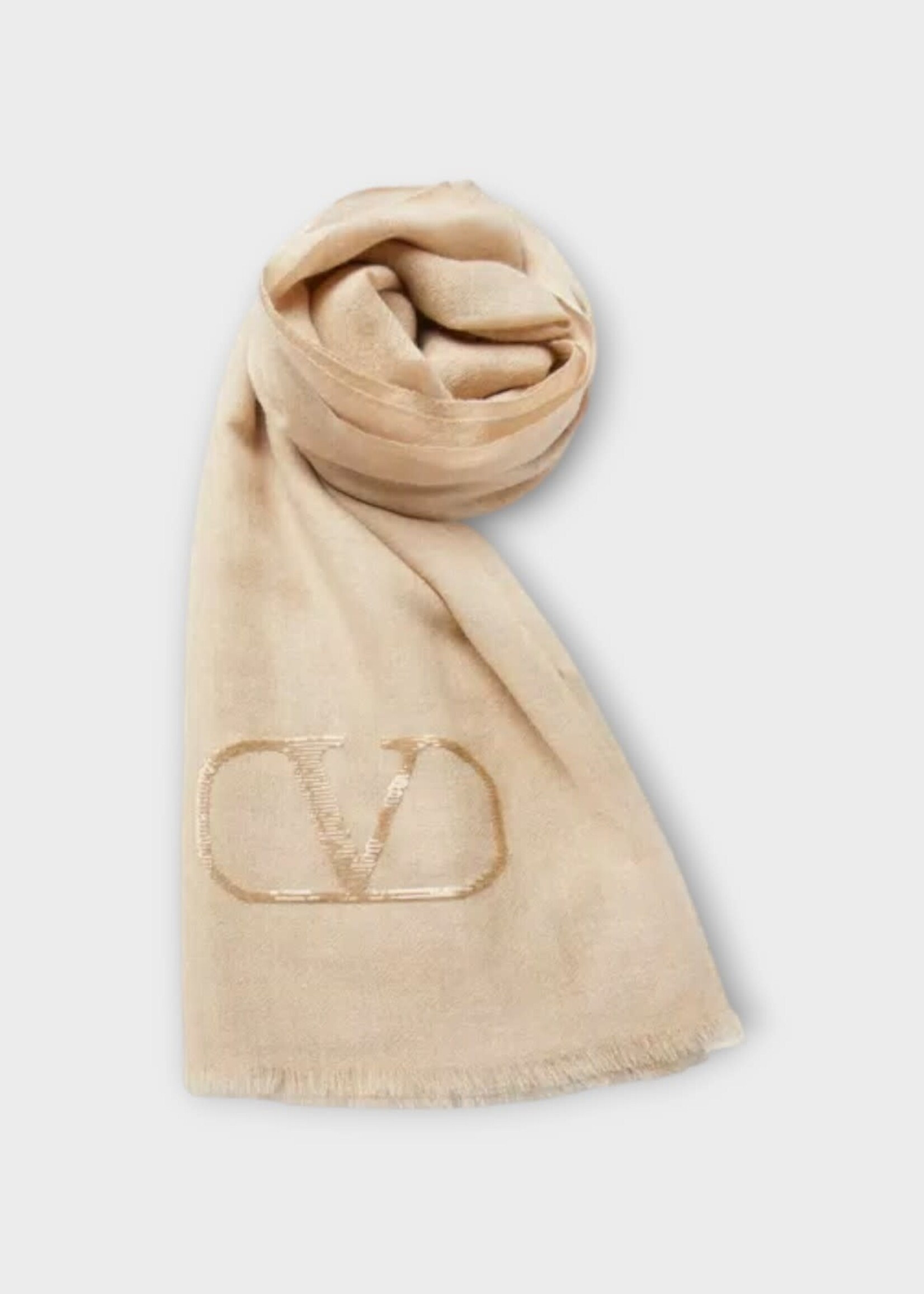 Valentino Valentino Scarf, Beige, Cashmere & Silk Mix Shawl in Cream w/ Lurex Logo Embroidery