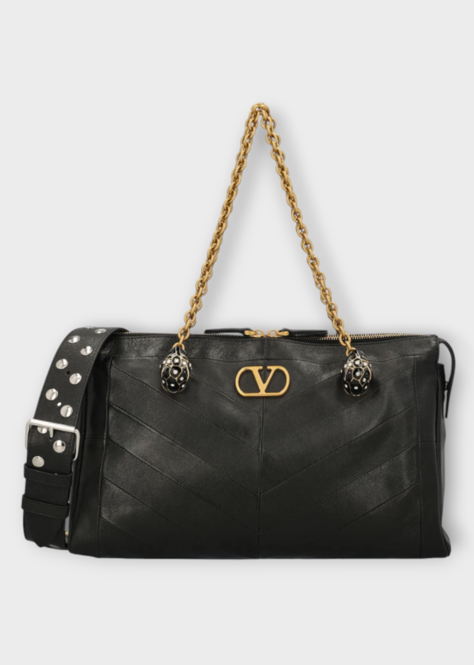 Valentino Valentino Bag, Black, Panthea Nappa Leather Patchwork Medium Tote Bag In Nero w/ Chevron Pattern