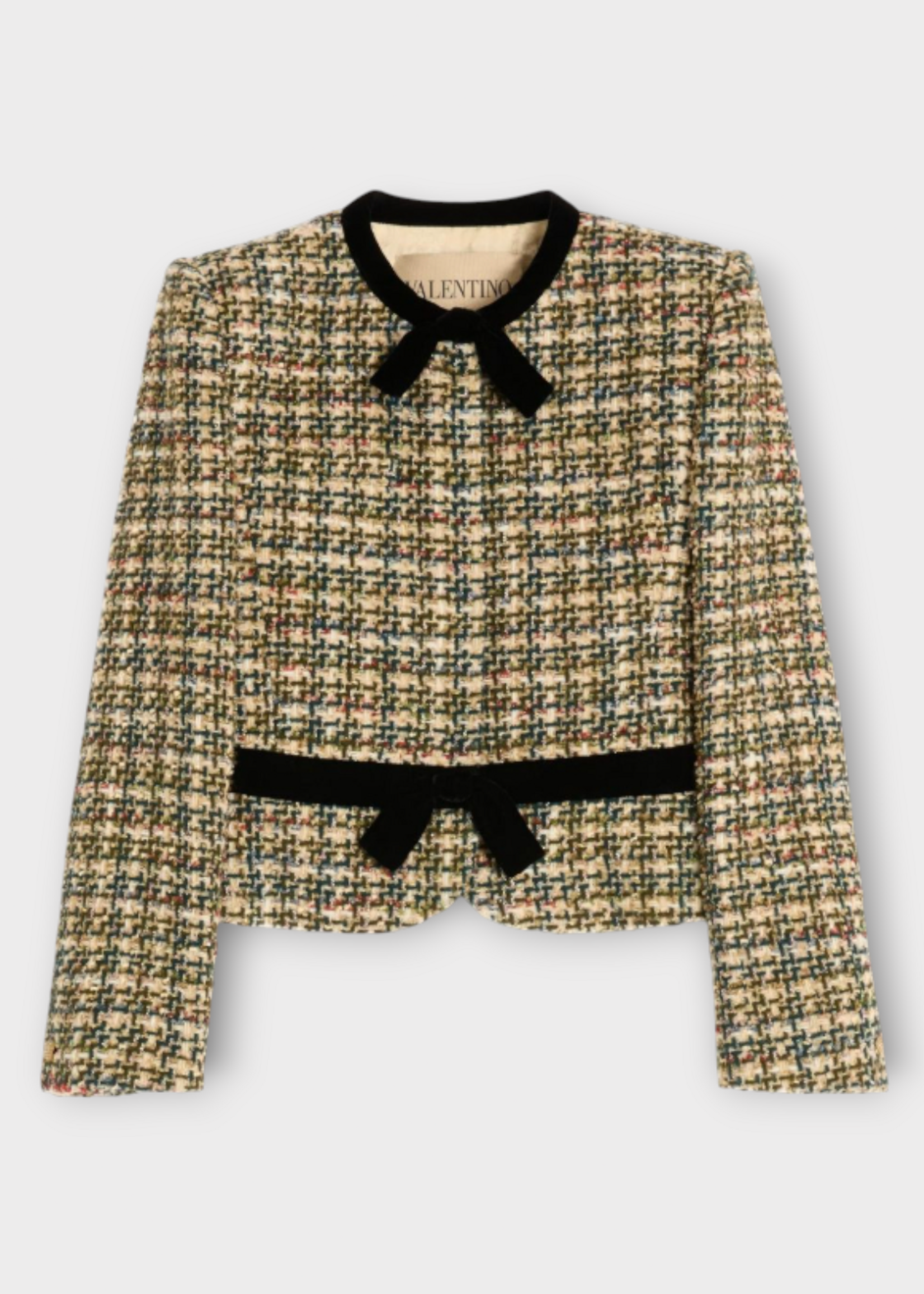 Valentino Valentino Jacket, Multi, Light Tweed Pied De Poule Jacket In Multicolour Beige & Grey w/ Bow Details #66