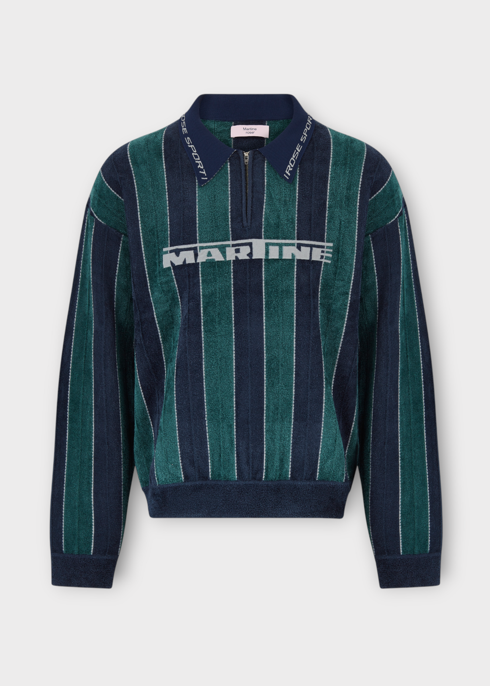 Martine Rose Martine Rose Polo, Green, Sporty Long Sleeve Striped Polo In Green & Navy w/ Logo