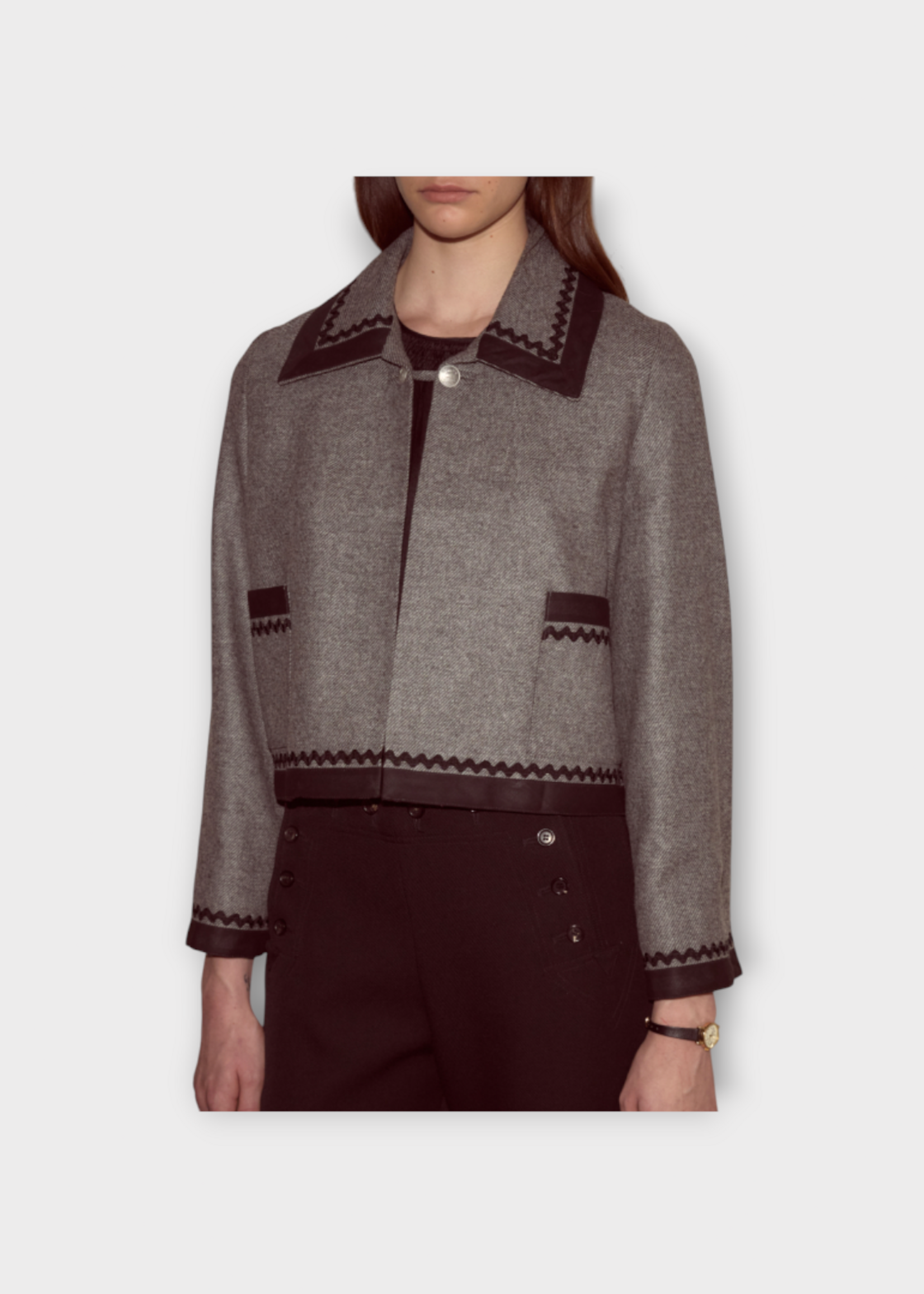 Bode Bode Jacket, Grey, Dovecote Trim Collared Cropped Jacket