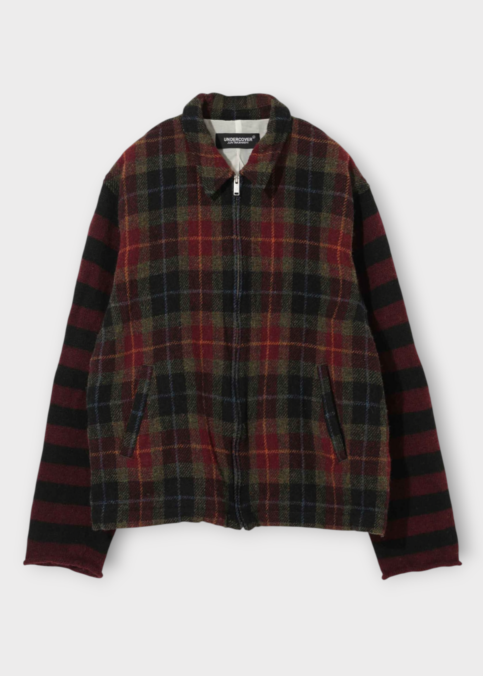 Undercover Undercover Jacket, Print, Wool Collared Zipped Jacket in Bordeaux w/ Check Print