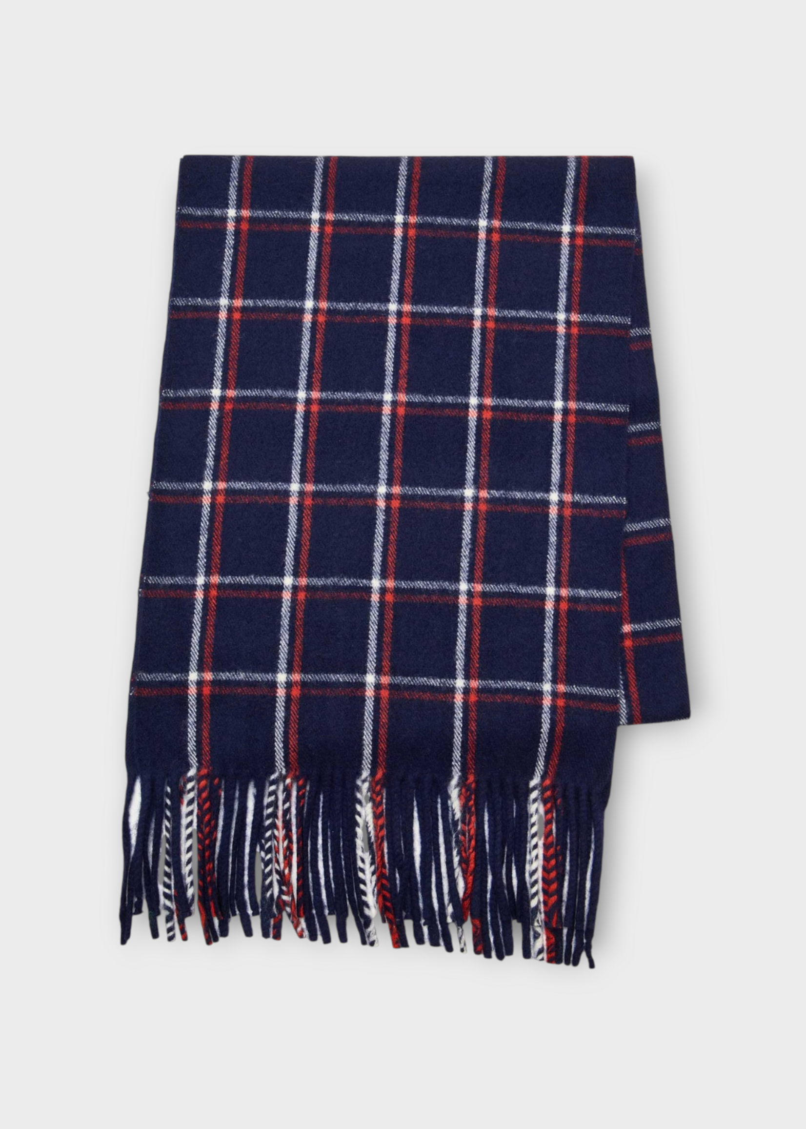Undercover Undercover Scarf, Print, Wool & Cashmere Fringed Scarf in Navy w/ Check Print
